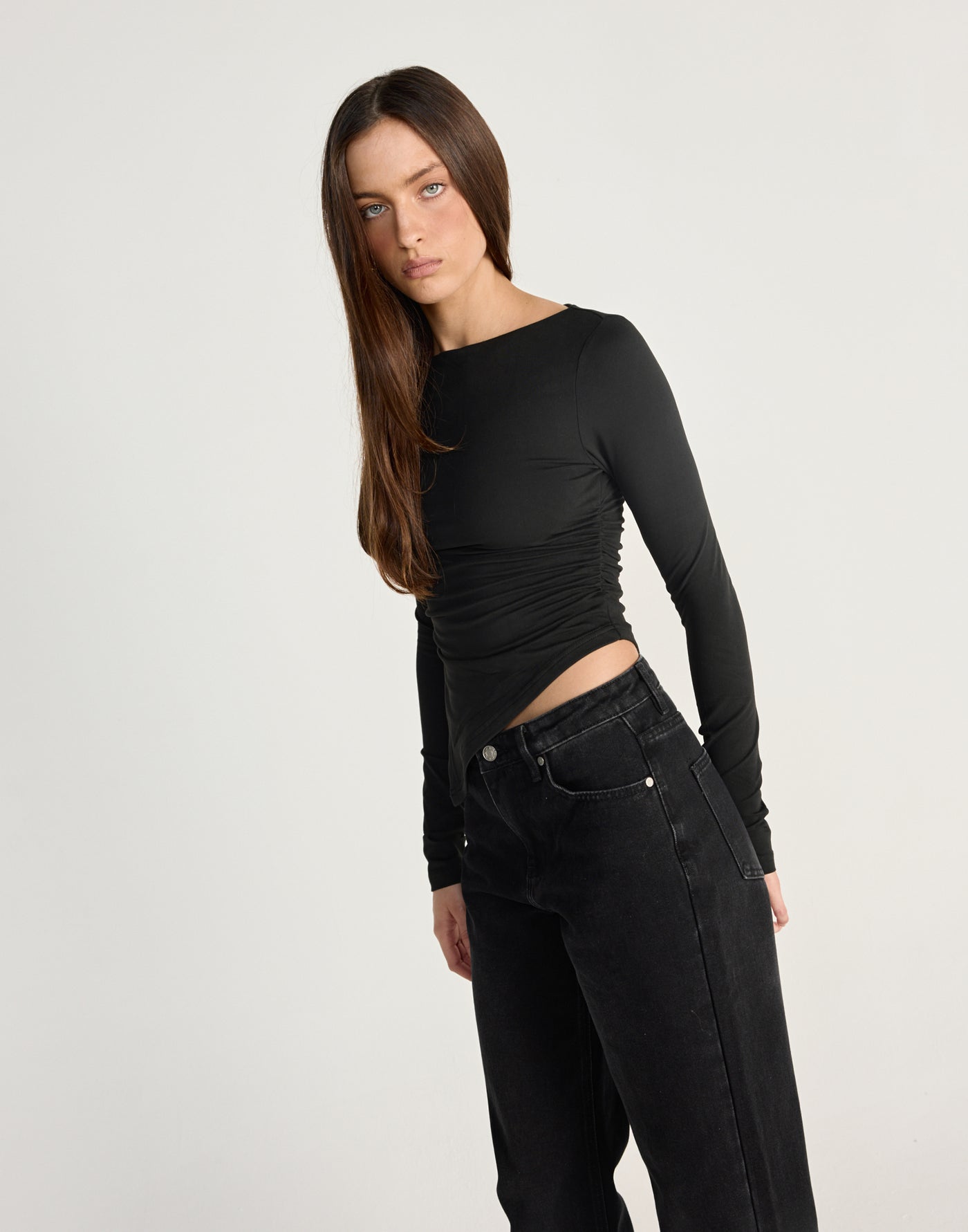Harvest Long Sleeve Top (Black) - CHARCOAL EXCLUSIVE - Long sleeve top with asymmetrical hemline - Women's Top - Charcoal Clothing