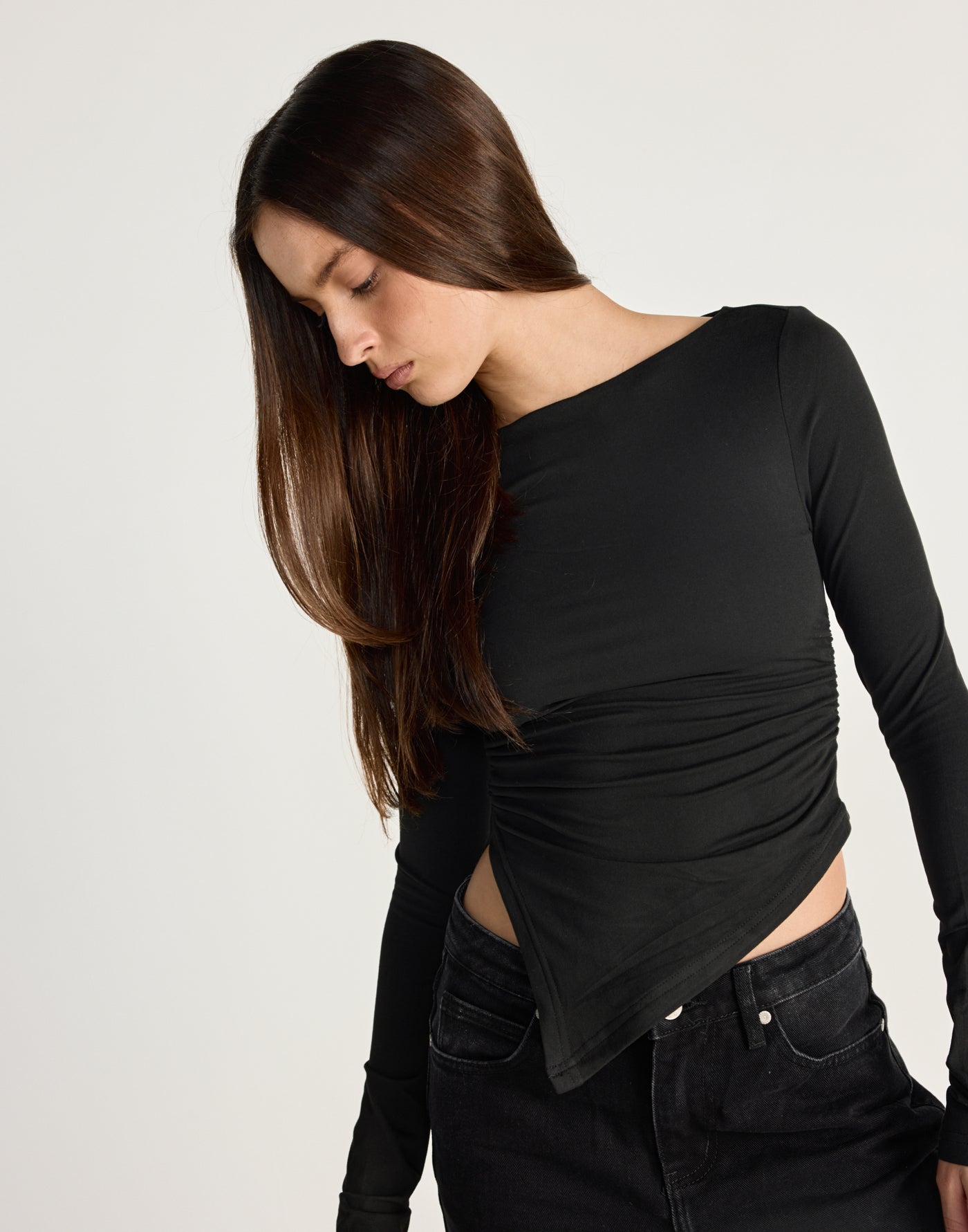 Harvest Long Sleeve Top (Black) - CHARCOAL EXCLUSIVE - Long sleeve top with asymmetrical hemline - Women's Top - Charcoal Clothing