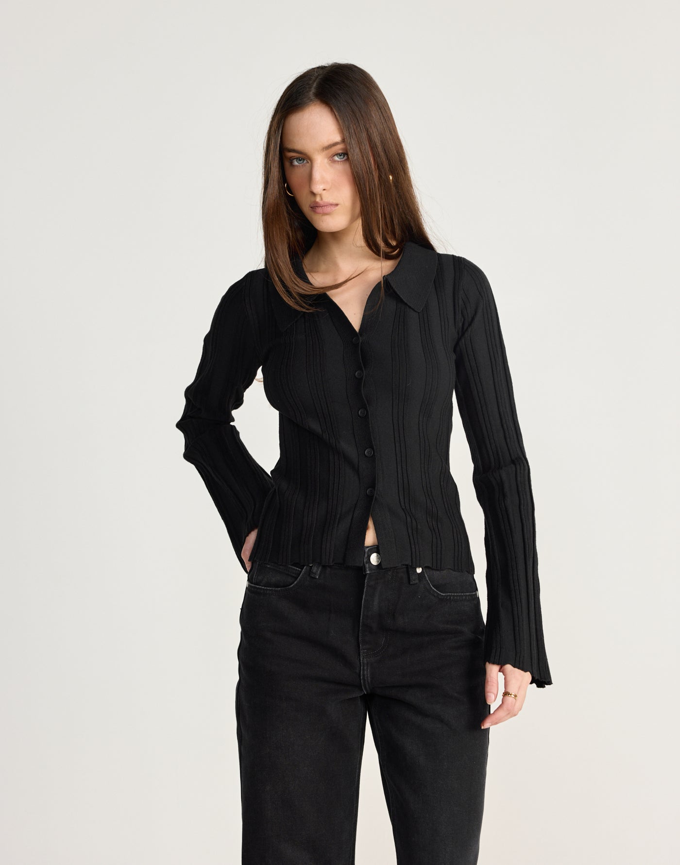 Aluma Top (Black) - CHARCOAL EXCLUSIVE - Black button up long sleeve top - Women's Top - Charcoal Clothing