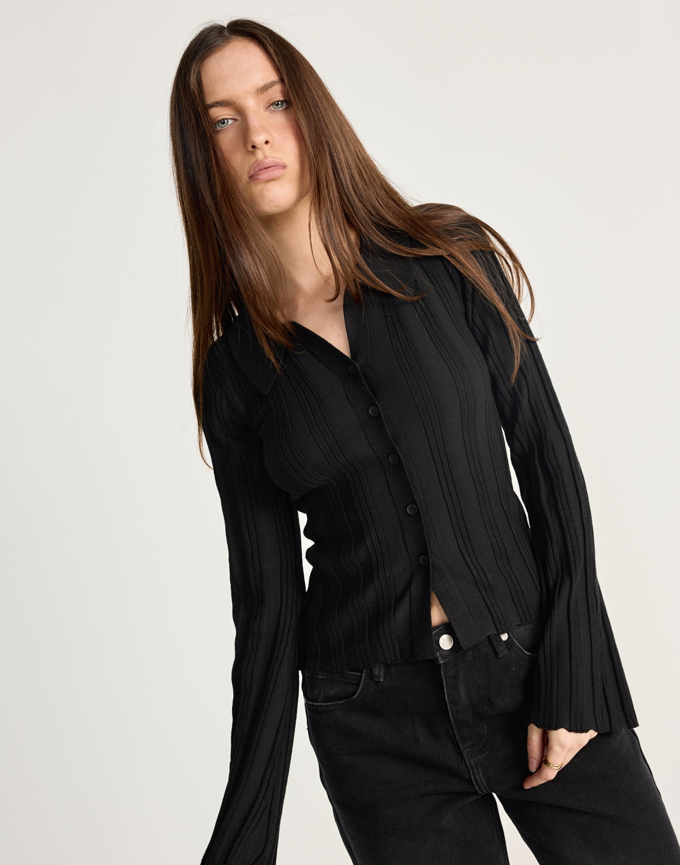 Aluma Top (Black) - CHARCOAL EXCLUSIVE - Black button up long sleeve top - Women's Top - Charcoal Clothing