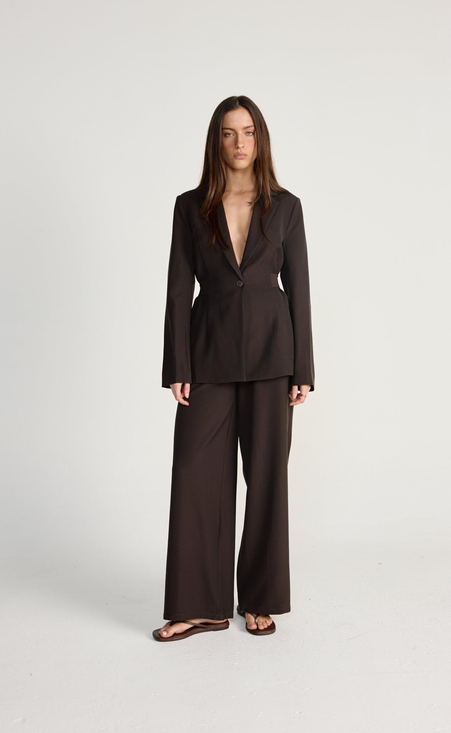 Elwood Blazer (Chocolate) - CHARCOAL EXCLUSIVE - V-neck collared blazer with adjustable tie - Women's Outerwear - Charcoal Clothing