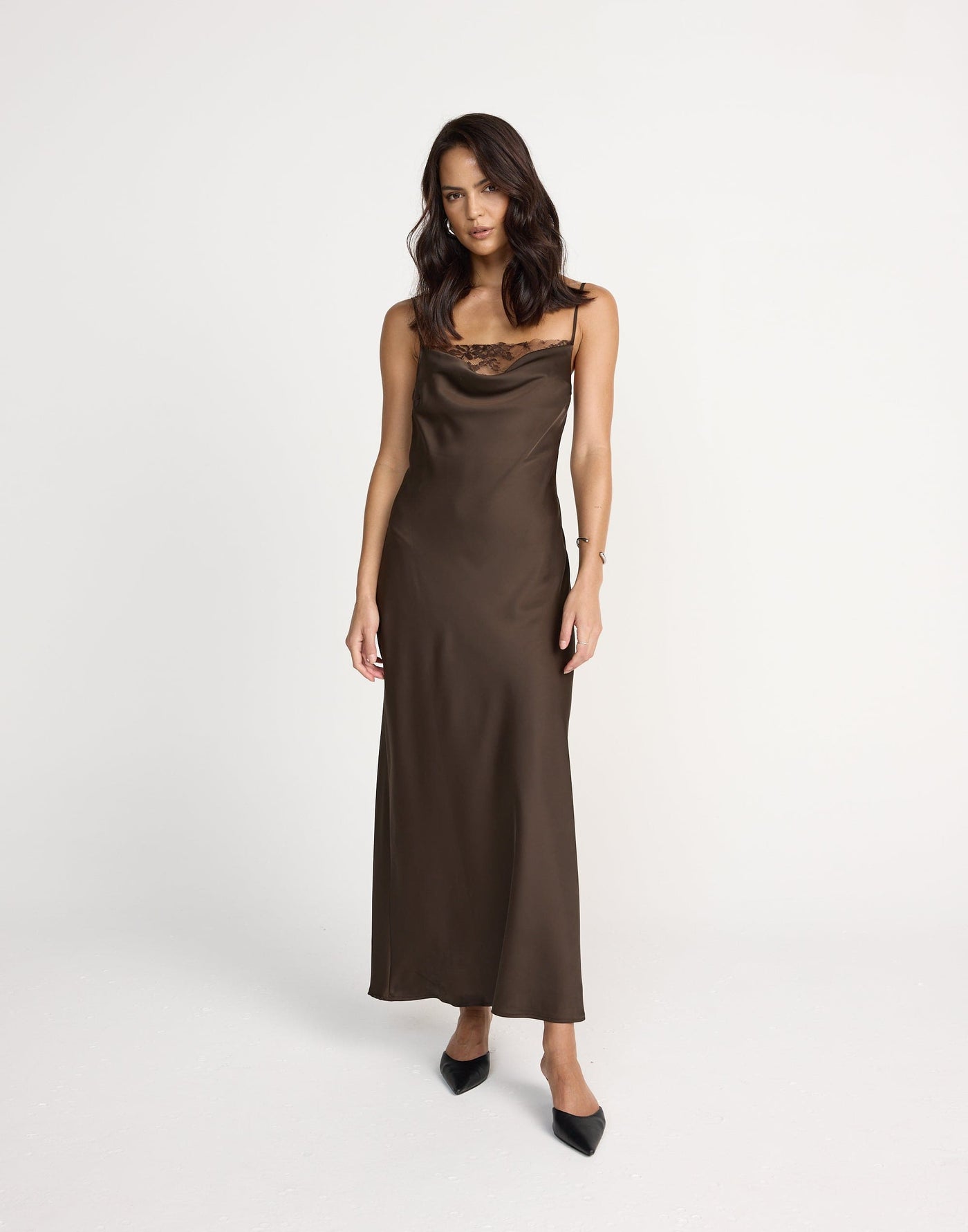 Fated Maxi Dress (Chocolate) | CHARCOAL Exclusive - Lace Detail Flowy Satin Maxi Dress - Women's Dress - Charcoal Clothing