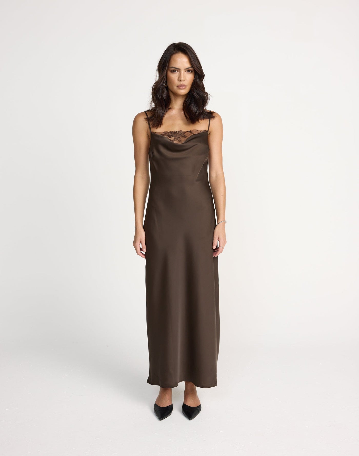 Fated Maxi Dress (Chocolate) | CHARCOAL Exclusive - Lace Detail Flowy Satin Maxi Dress - Women's Dress - Charcoal Clothing