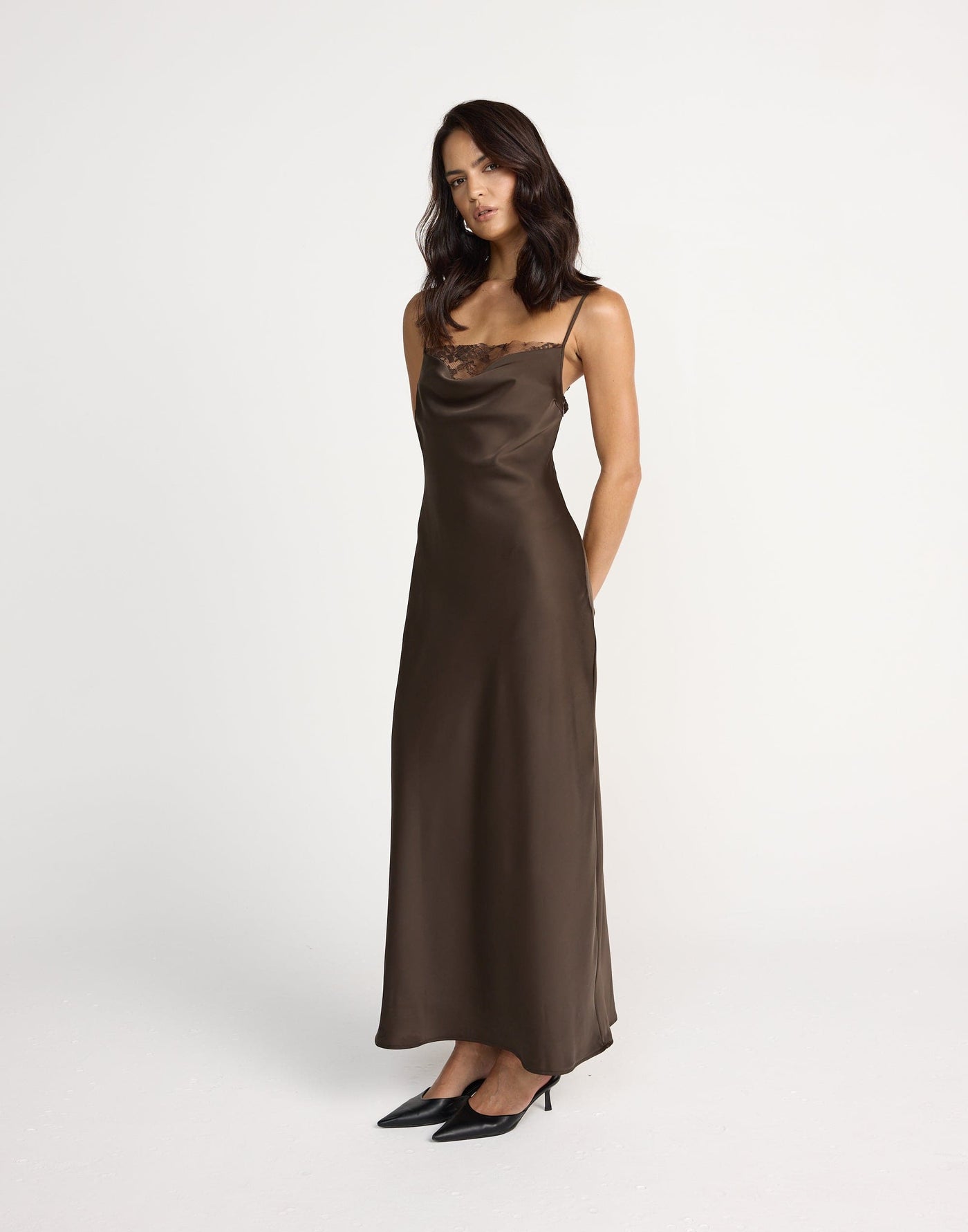 Fated Maxi Dress (Chocolate) | CHARCOAL Exclusive - Lace Detail Flowy Satin Maxi Dress - Women's Dress - Charcoal Clothing