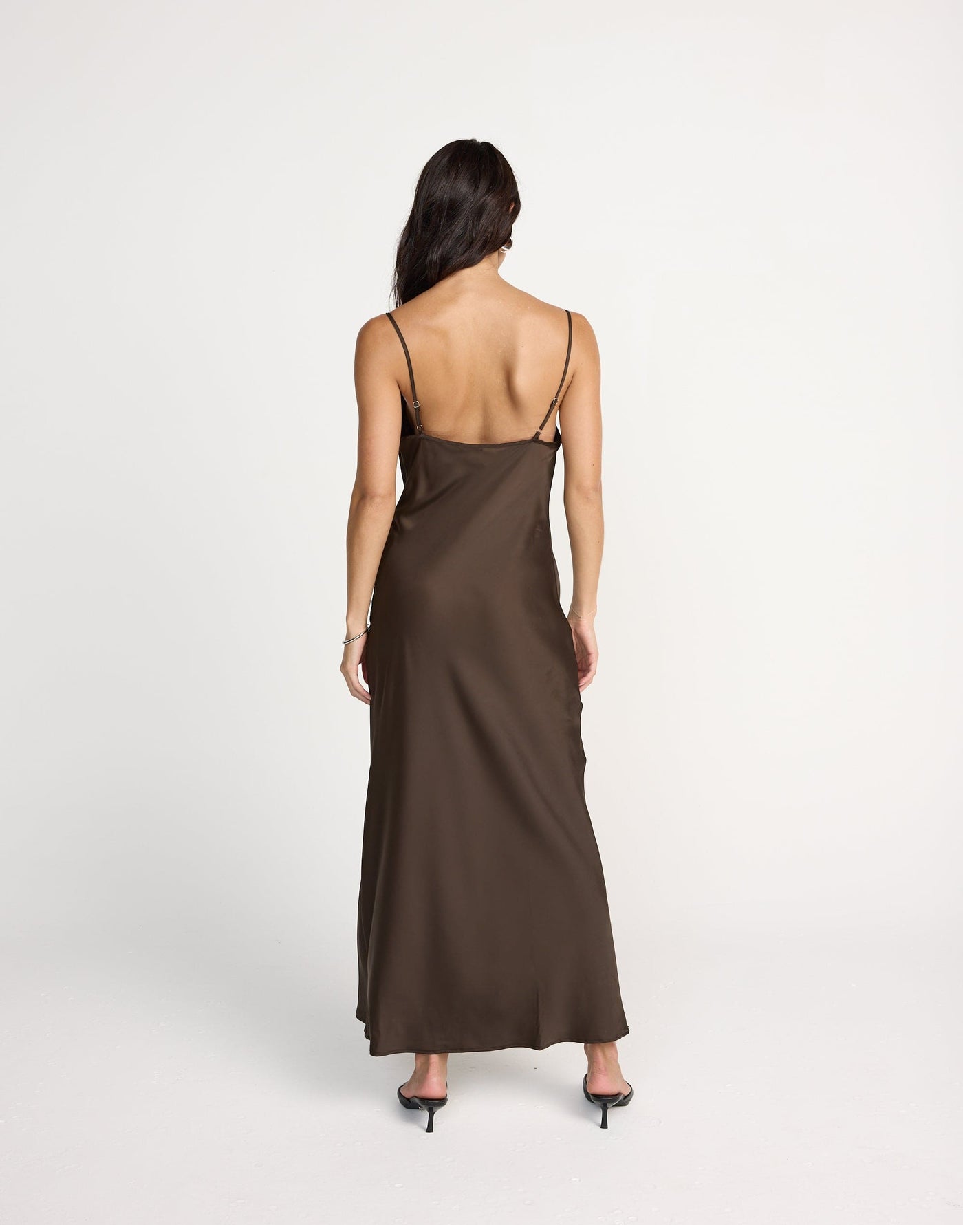 Fated Maxi Dress (Chocolate) | CHARCOAL Exclusive - Lace Detail Flowy Satin Maxi Dress - Women's Dress - Charcoal Clothing