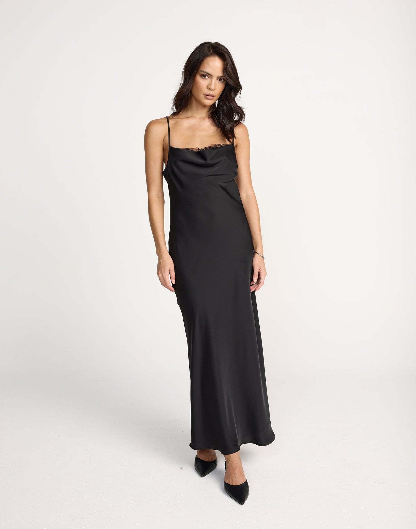 Fated Maxi Dress (Black) | CHARCOAL Exclusive - Lace Detail Flowy Satin Maxi Dress - Women's Dress - Charcoal Clothing