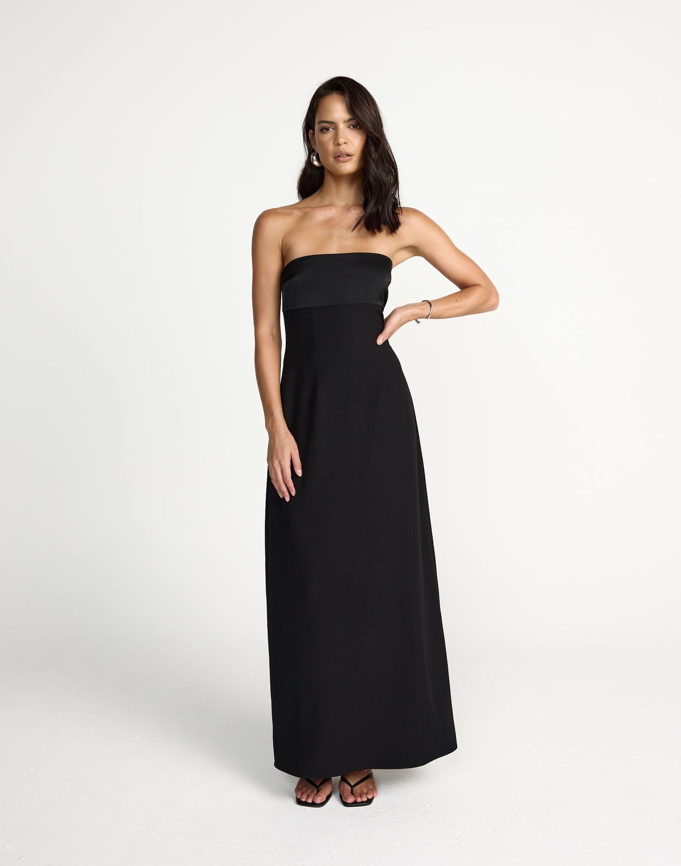 Suki Maxi Dress (Black) | CHARCOAL Exclusive - Satin Detail Strapless Suiting Maxi Dress - Women's Dress - Charcoal Clothing