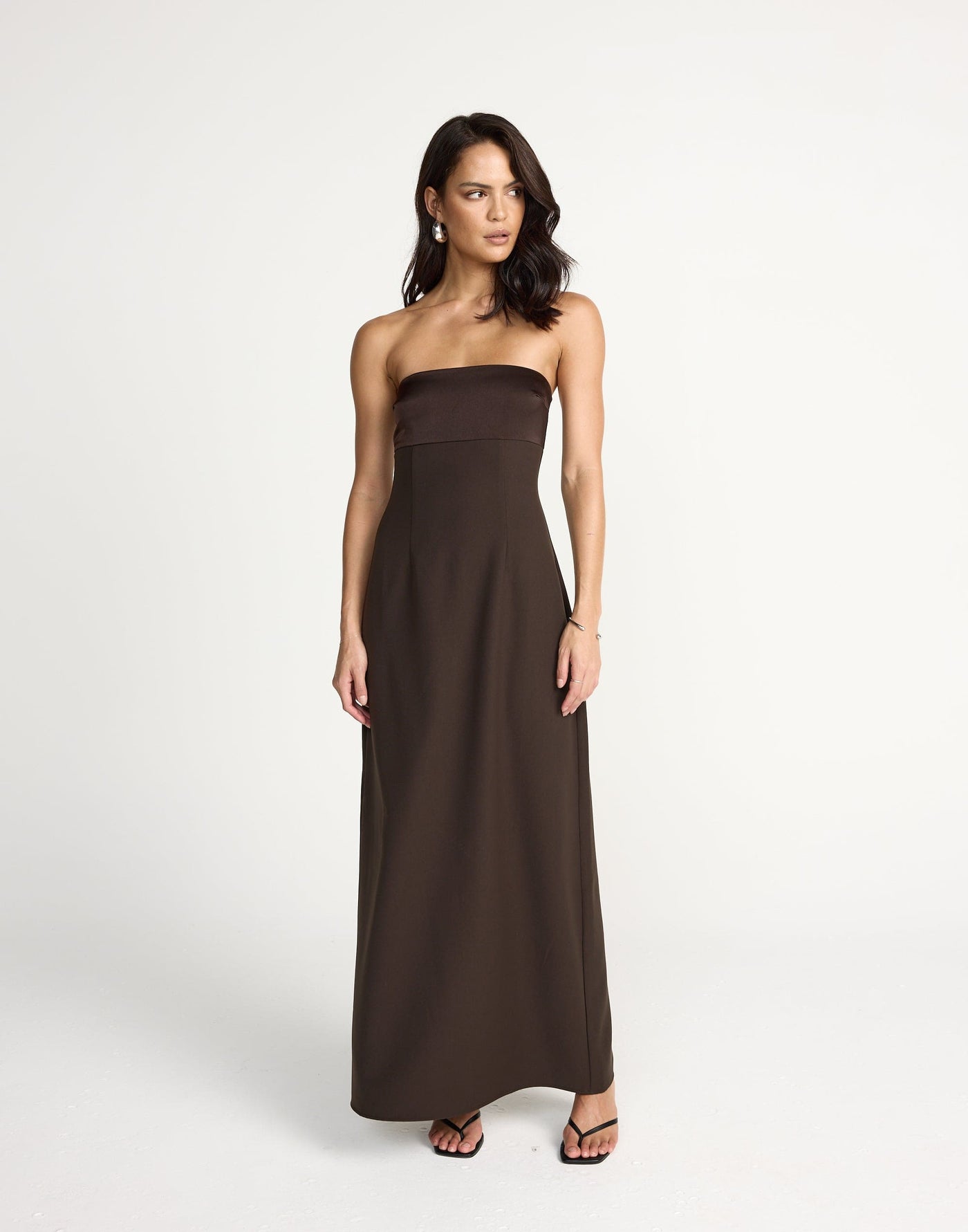 Suki Maxi Dress (Chocolate) | CHARCOAL Exclusive - Satin Detail Strapless Suiting Maxi Dress - Women's Dress - Charcoal Clothing