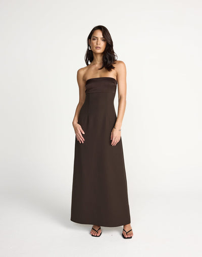 Suki Maxi Dress (Chocolate) | CHARCOAL Exclusive - Satin Detail Strapless Suiting Maxi Dress - Women's Dress - Charcoal Clothing