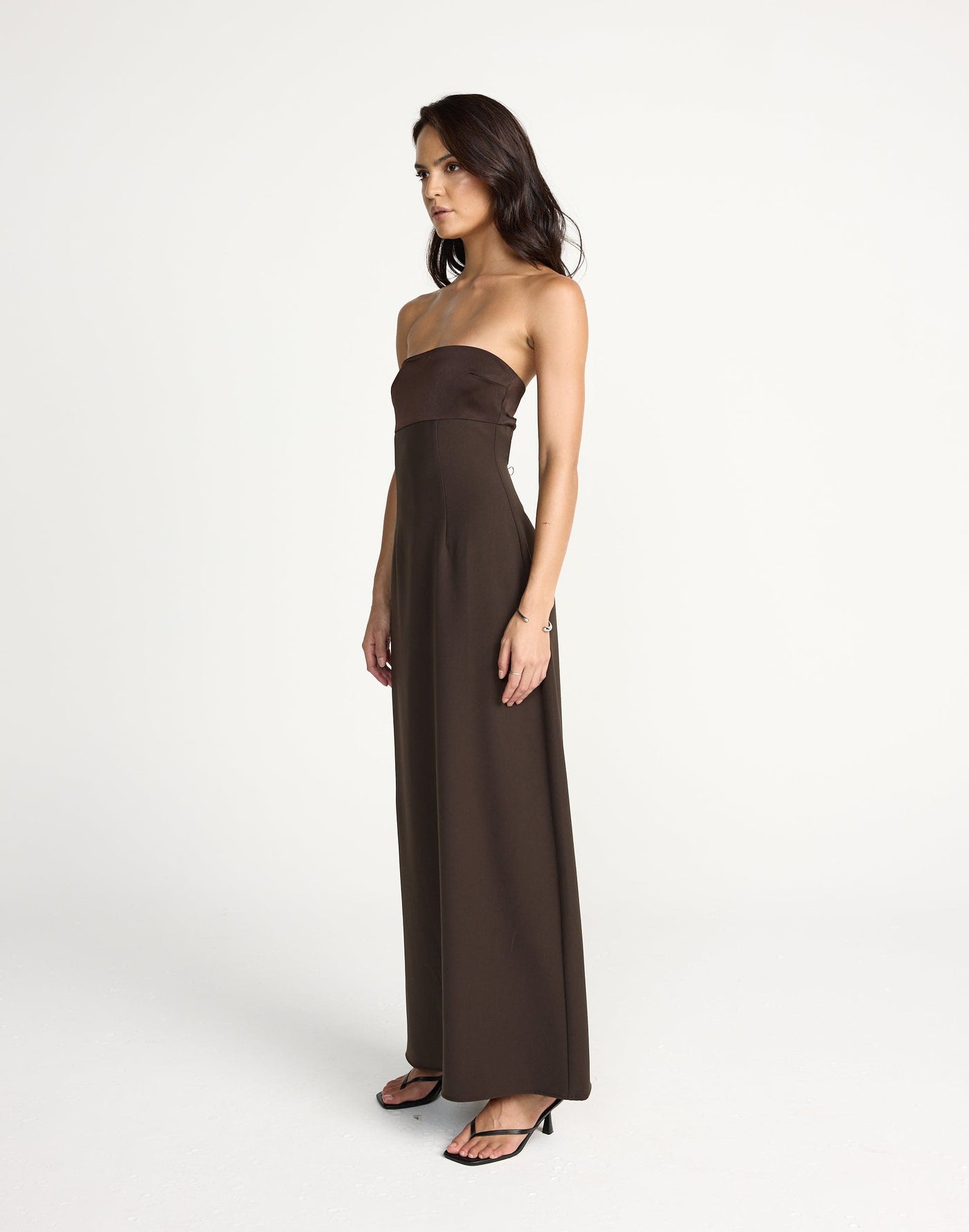 Suki Maxi Dress (Chocolate) | CHARCOAL Exclusive - Satin Detail Strapless Suiting Maxi Dress - Women's Dress - Charcoal Clothing