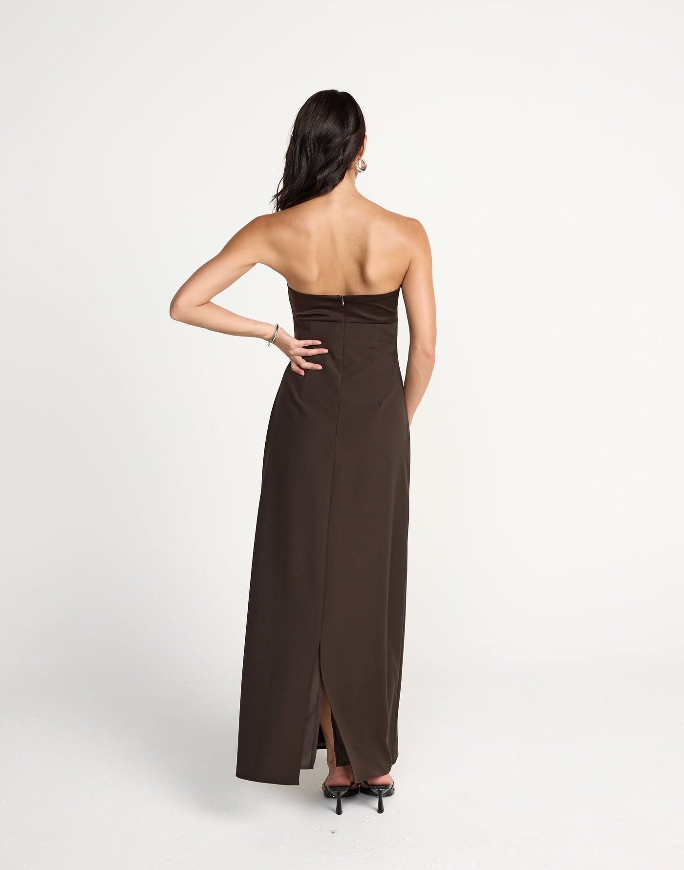 Suki Maxi Dress (Chocolate) | CHARCOAL Exclusive - Satin Detail Strapless Suiting Maxi Dress - Women's Dress - Charcoal Clothing