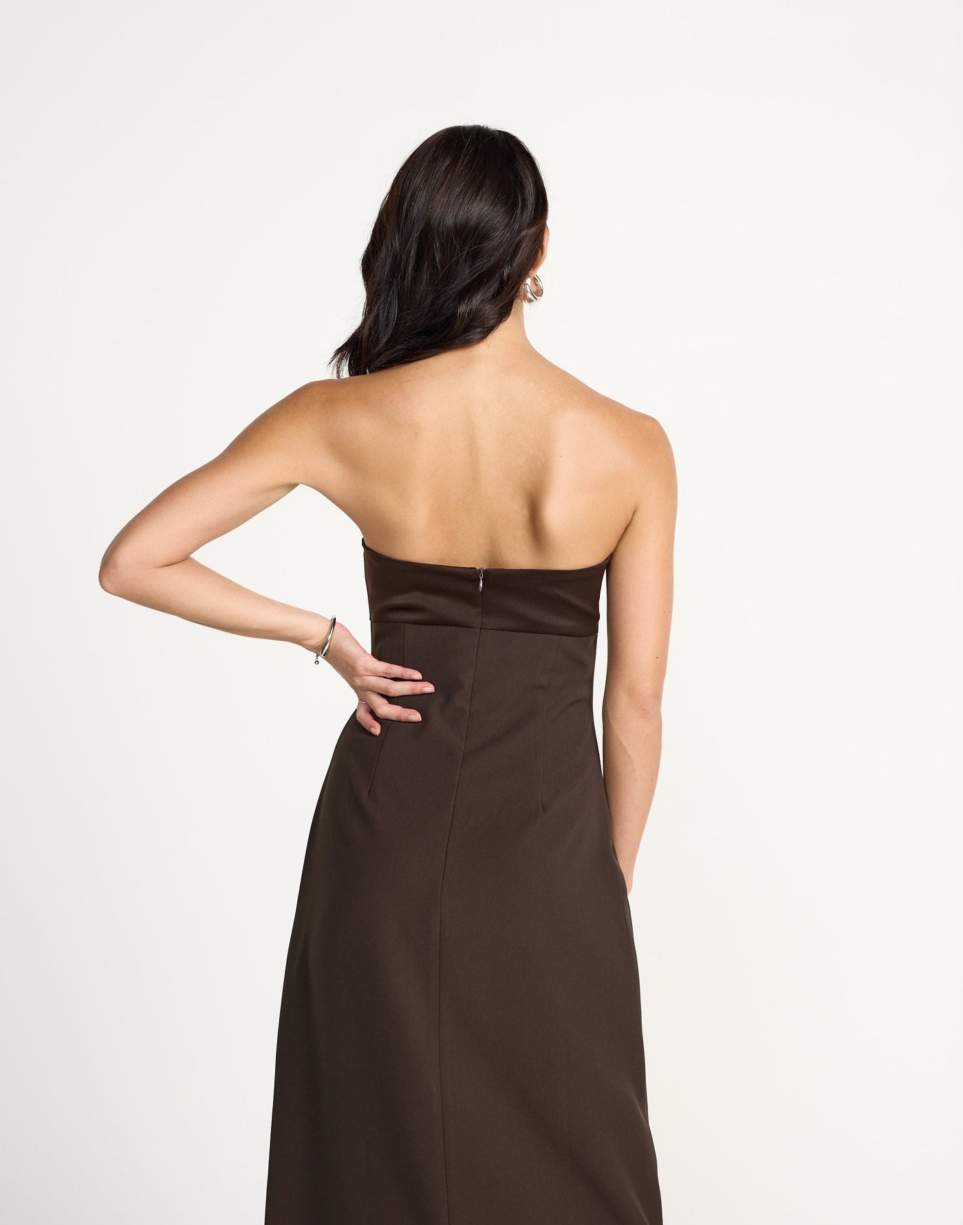 Suki Maxi Dress (Chocolate) | CHARCOAL Exclusive - Satin Detail Strapless Suiting Maxi Dress - Women's Dress - Charcoal Clothing