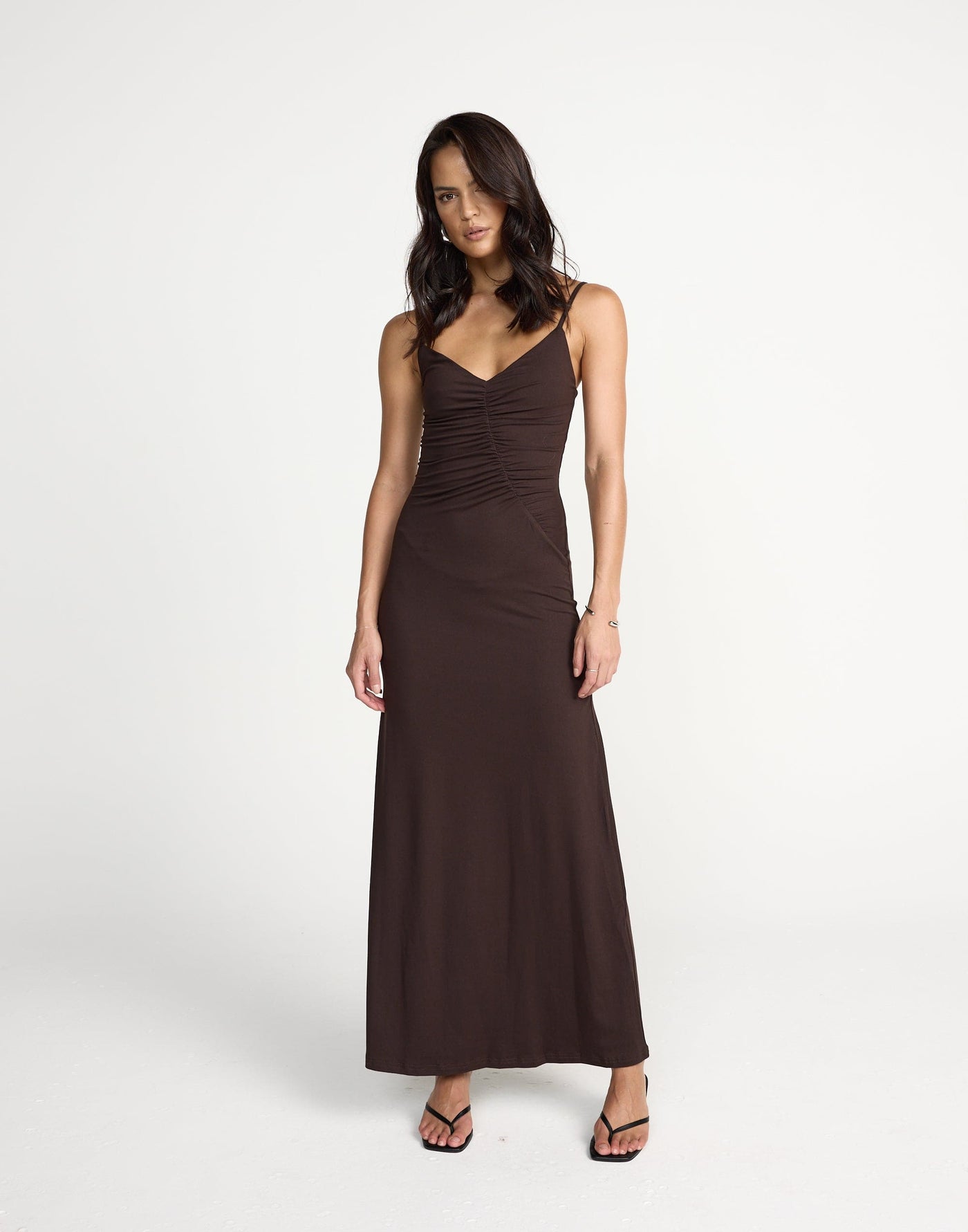 Broken Hearts Maxi Dress (Chocolate) | CHARCOAL Exclusive - Diagonal Ruched Detail Jersey Maxi - Women's Dress - Charcoal Clothing