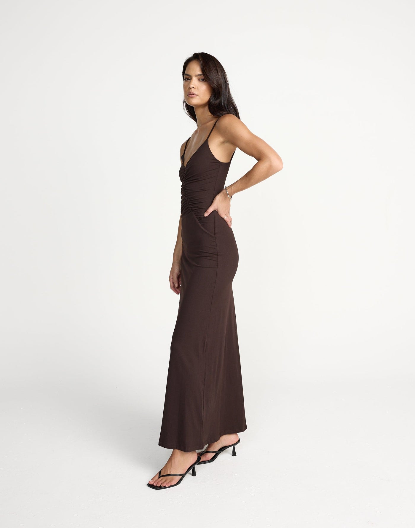 Broken Hearts Maxi Dress (Chocolate) | CHARCOAL Exclusive - Diagonal Ruched Detail Jersey Maxi - Women's Dress - Charcoal Clothing