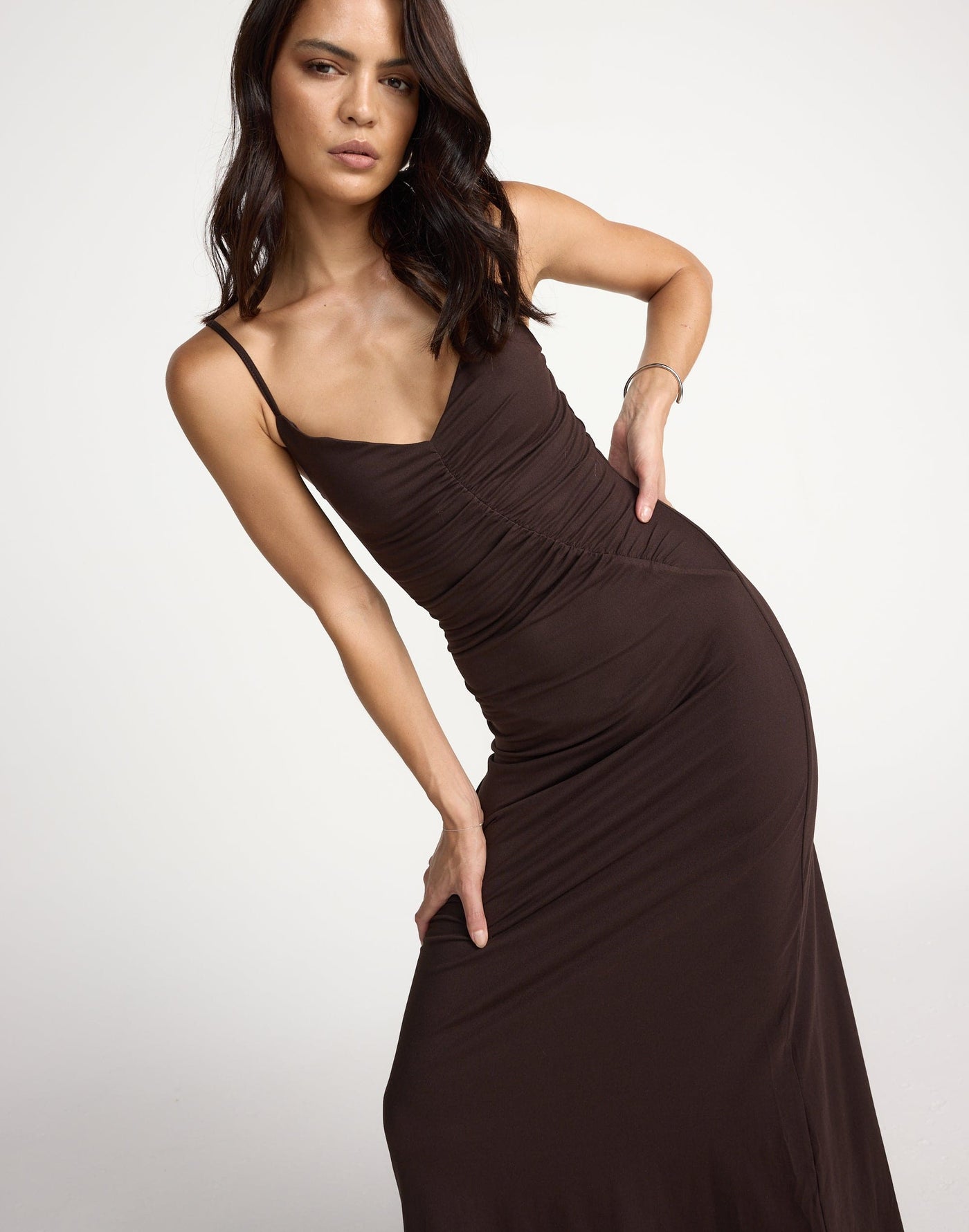 Broken Hearts Maxi Dress (Chocolate) | CHARCOAL Exclusive - Diagonal Ruched Detail Jersey Maxi - Women's Dress - Charcoal Clothing