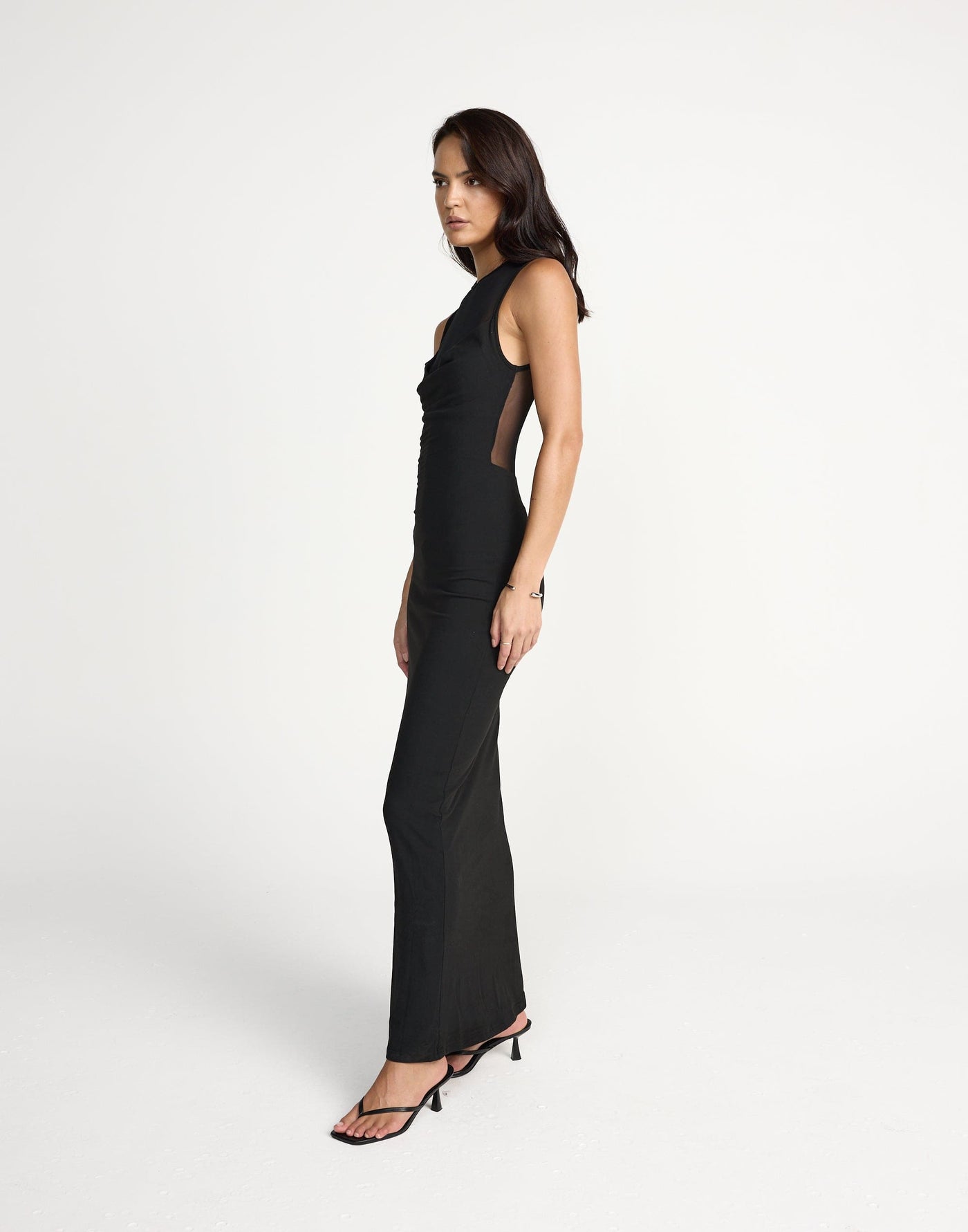  Amour Maxi Dress (Black) | CHARCOAL Exclusive - Cowl Neck Mesh Detail Maxi Dress - Women's Dress - Charcoal Clothing