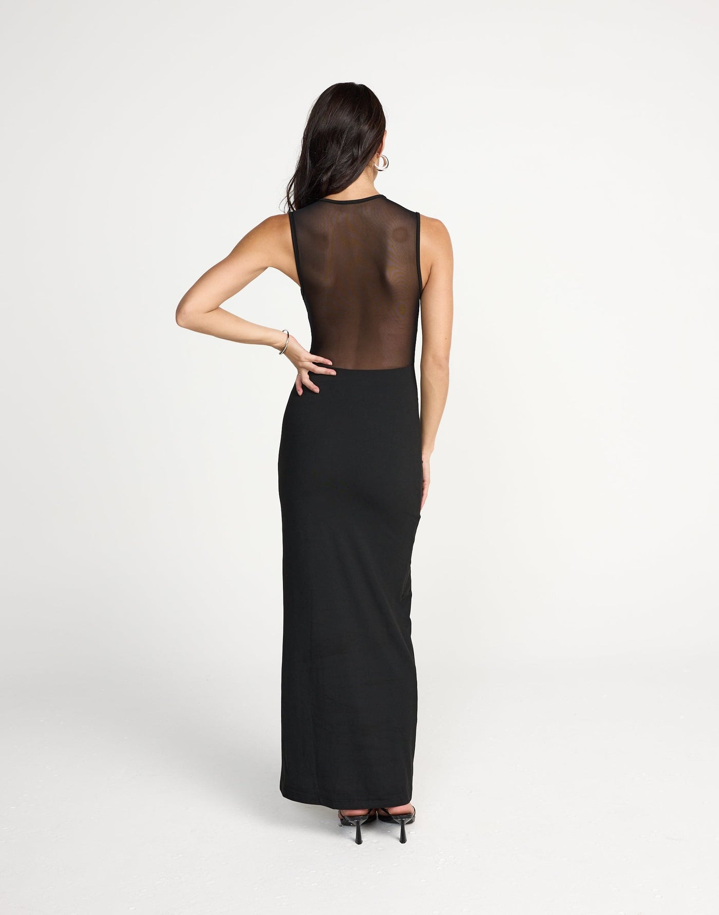  Amour Maxi Dress (Black) | CHARCOAL Exclusive - Cowl Neck Mesh Detail Maxi Dress - Women's Dress - Charcoal Clothing