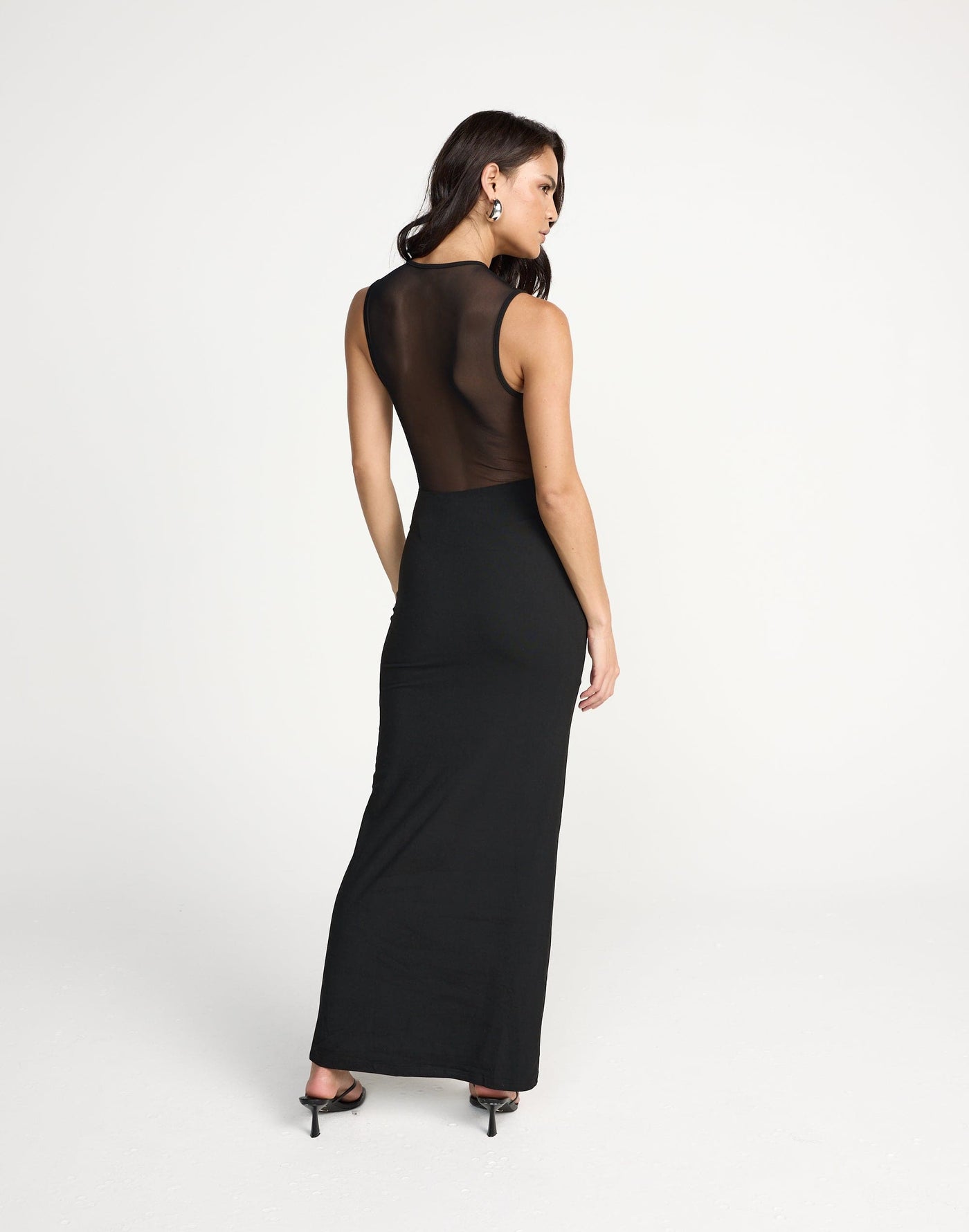  Amour Maxi Dress (Black) | CHARCOAL Exclusive - Cowl Neck Mesh Detail Maxi Dress - Women's Dress - Charcoal Clothing