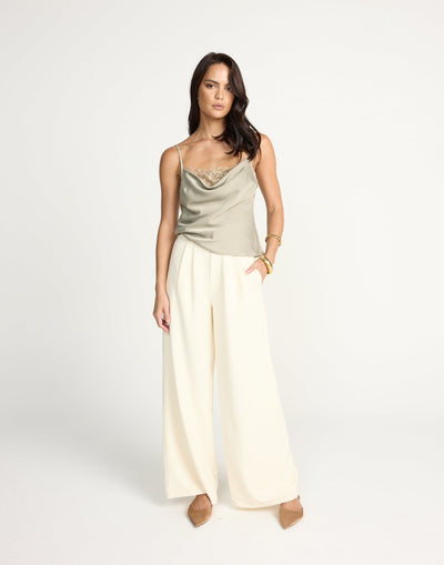 Fated Cami Top (Sage) | CHARCOAL Exclusive - Lace Detail Satin Cami - Women's Top - Charcoal Clothing