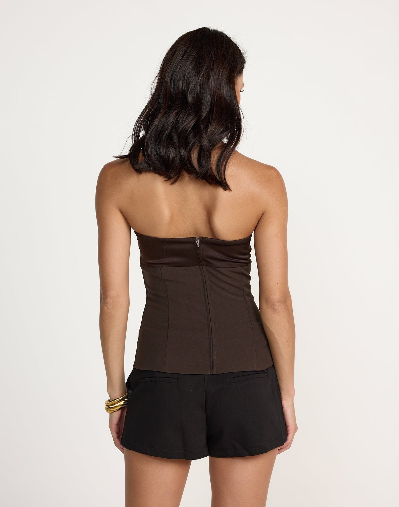 Suki Top (Chocolate) | CHARCOAL Exclusive - Satin Detail Strapless Suiting Top - Women's Top - Charcoal Clothing