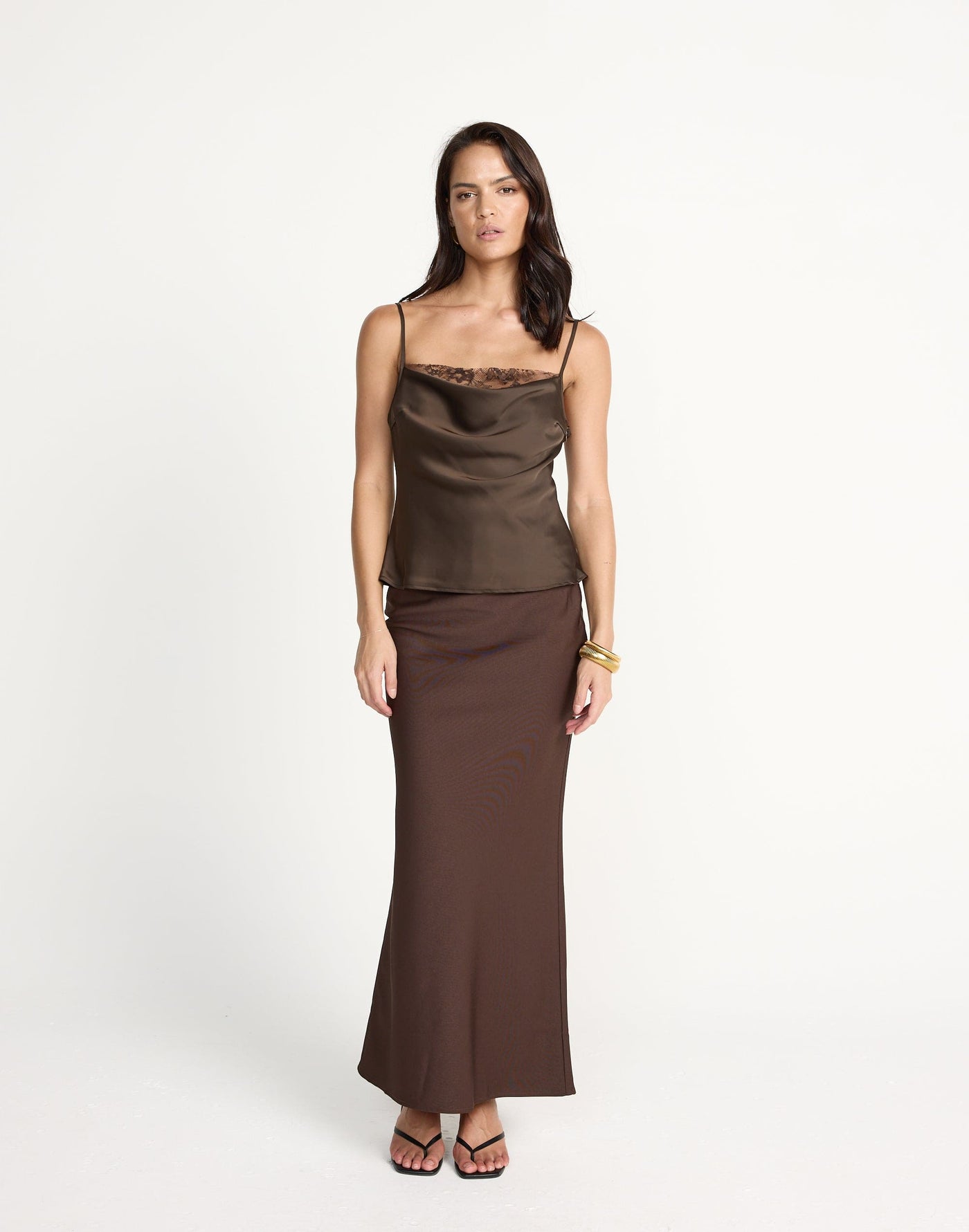 Fated Cami Top (Chocolate) | CHARCOAL Exclusive - Lace Detail Satin Cami - Women's Top - Charcoal Clothing