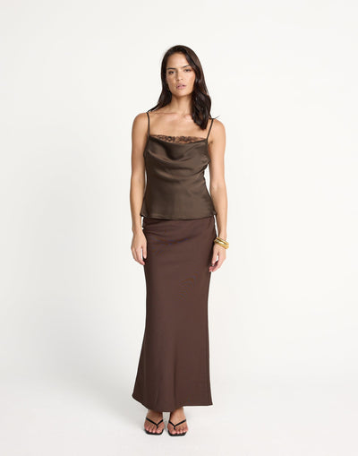 Fated Cami Top (Chocolate) | CHARCOAL Exclusive - Lace Detail Satin Cami - Women's Top - Charcoal Clothing