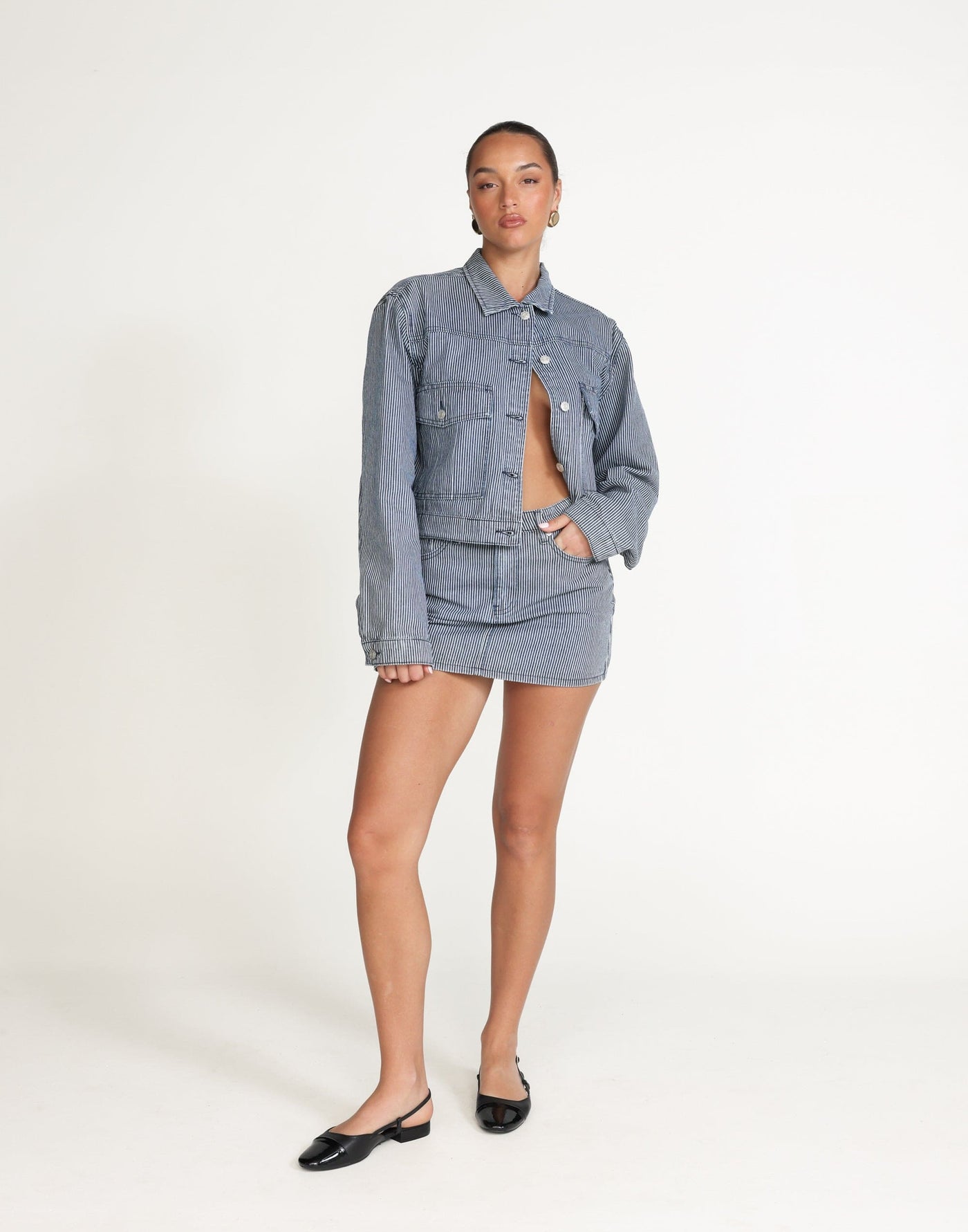 Sakimah Denim Jacket (Navy Pinstripe) | CHARCOAL Exclusive - - Women's Outerwear - Charcoal Clothing