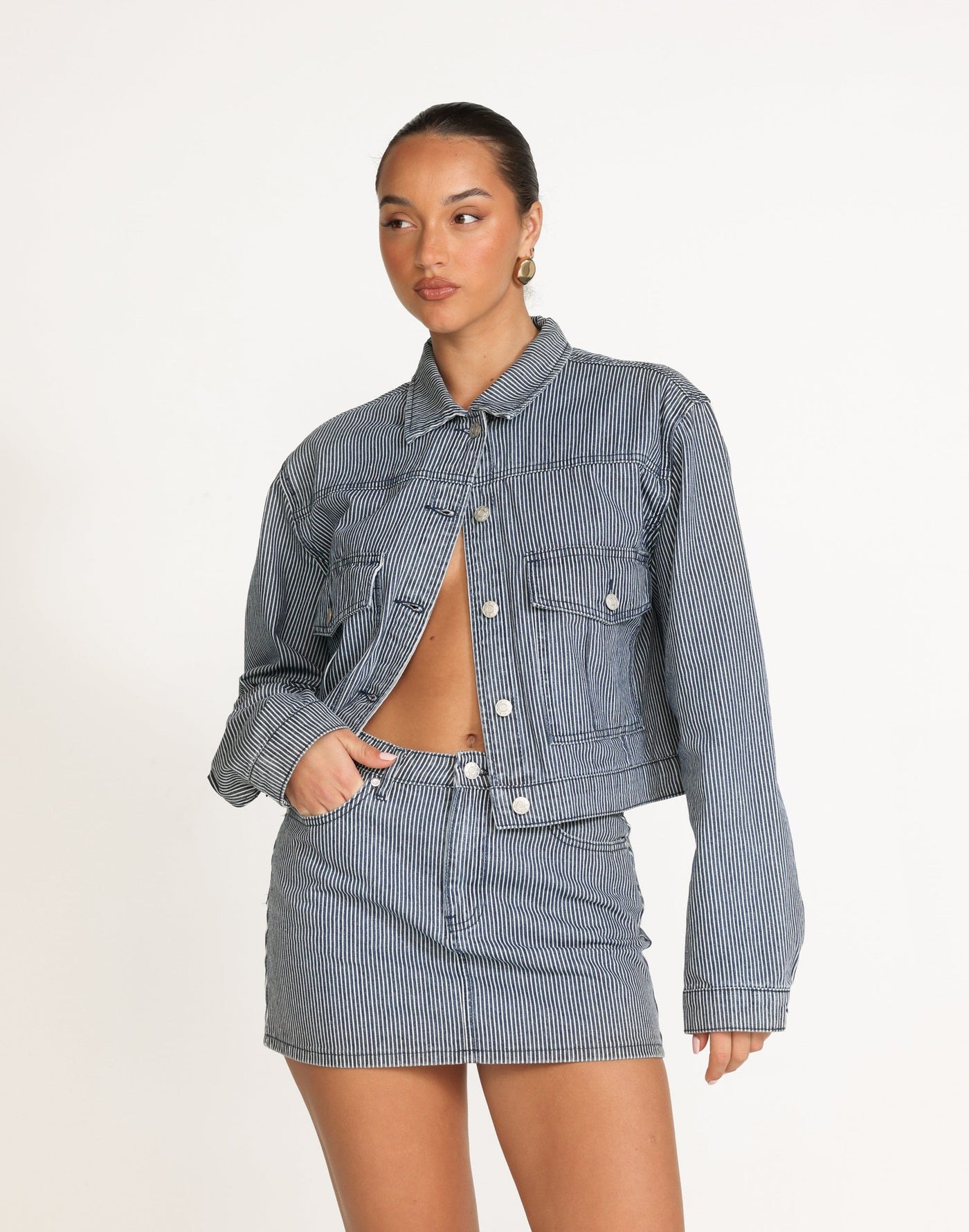 Sakimah Denim Jacket (Navy Pinstripe) | CHARCOAL Exclusive - - Women's Outerwear - Charcoal Clothing