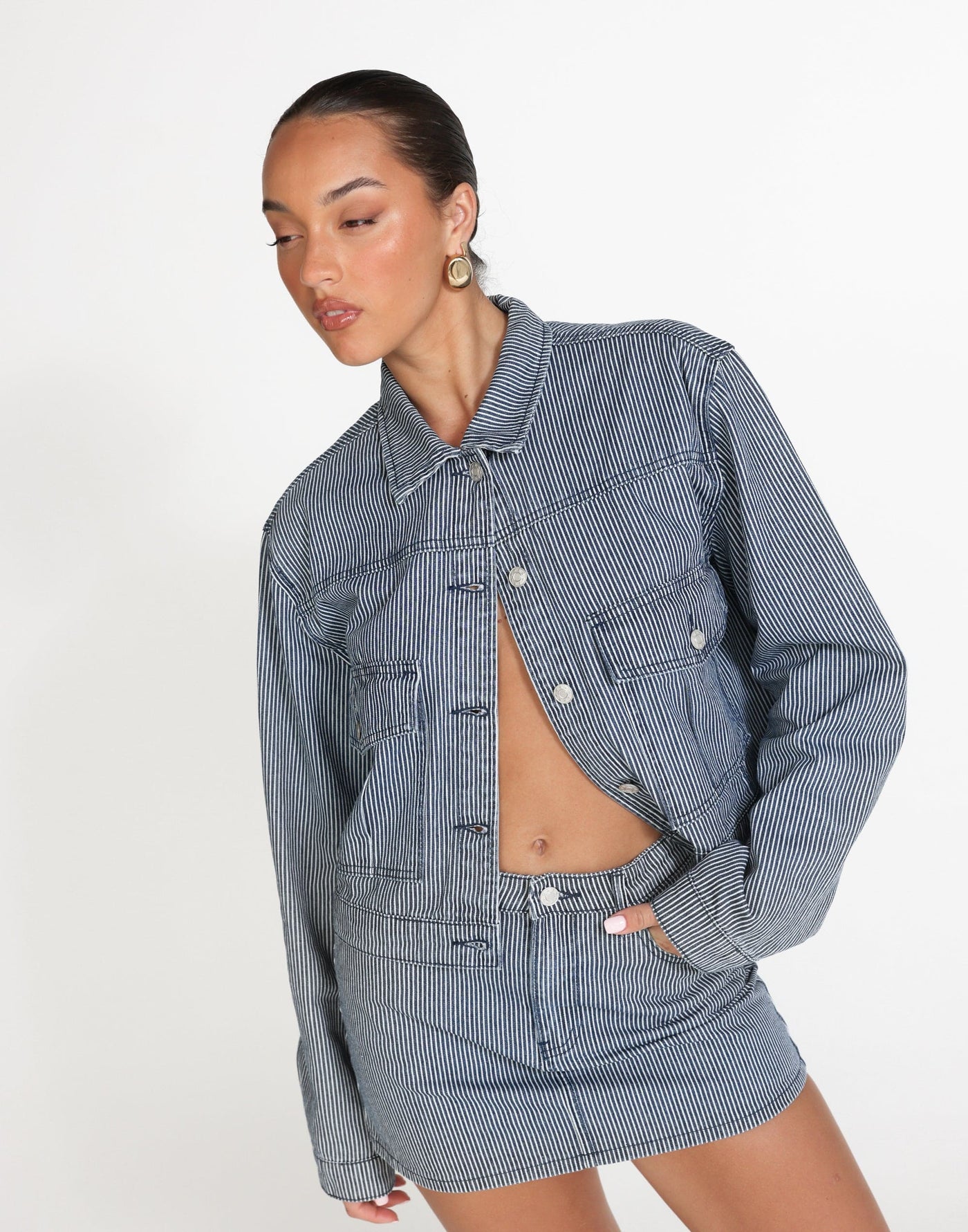 Sakimah Denim Jacket (Navy Pinstripe) | CHARCOAL Exclusive - - Women's Outerwear - Charcoal Clothing