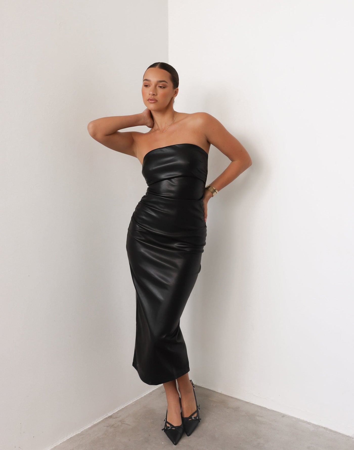 Sasha Maxi Dress (Black) - Faux Leather Strapless Bodycon Maxi Dress - Women's Dress - Charcoal Clothing