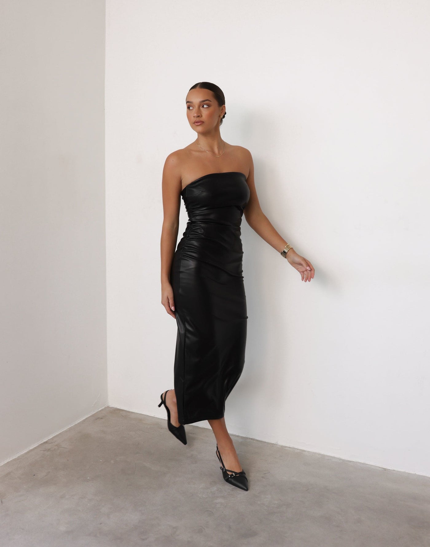 Sasha Maxi Dress (Black) - Faux Leather Strapless Bodycon Maxi Dress - Women's Dress - Charcoal Clothing