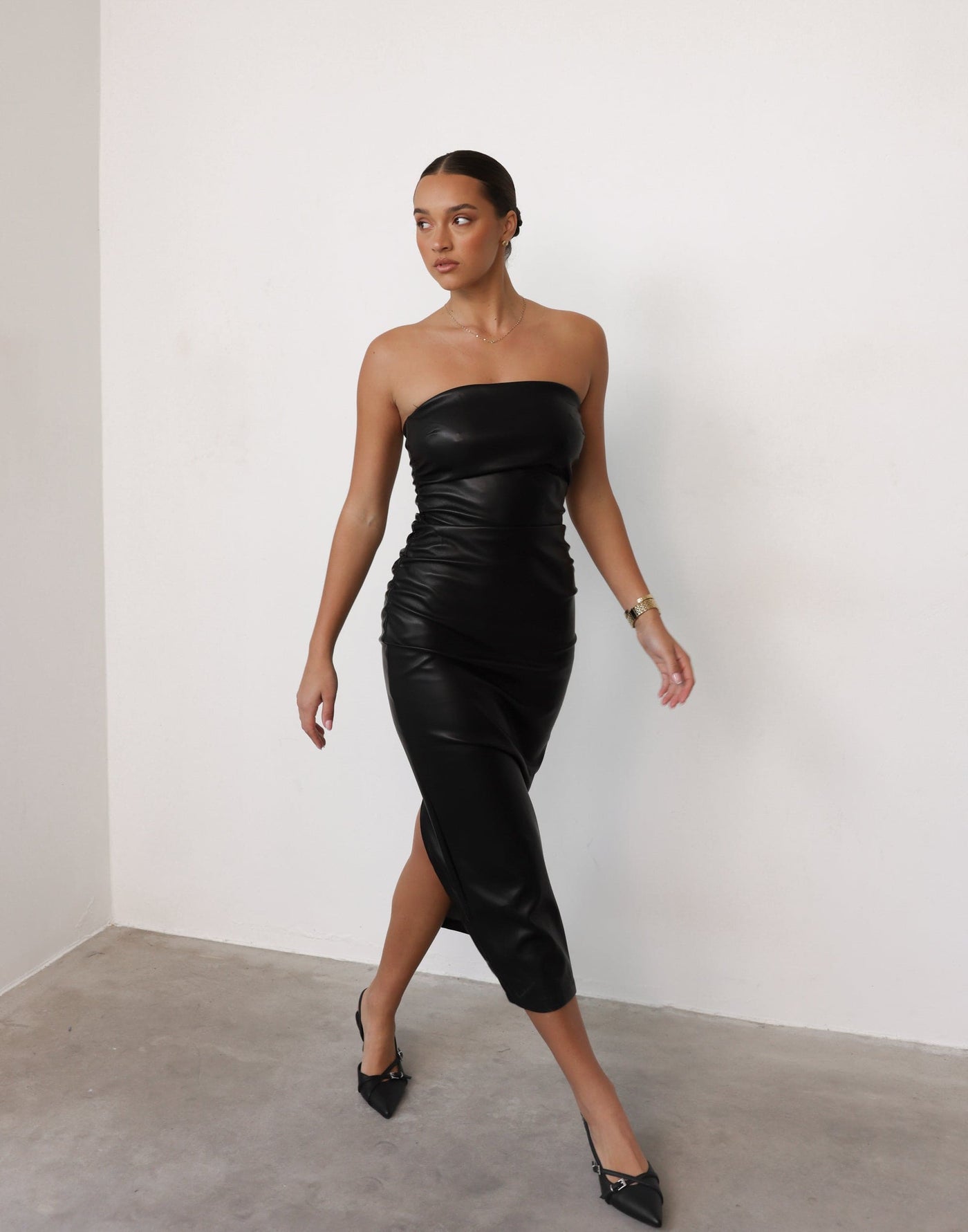 Sasha Maxi Dress (Black) - Faux Leather Strapless Bodycon Maxi Dress - Women's Dress - Charcoal Clothing