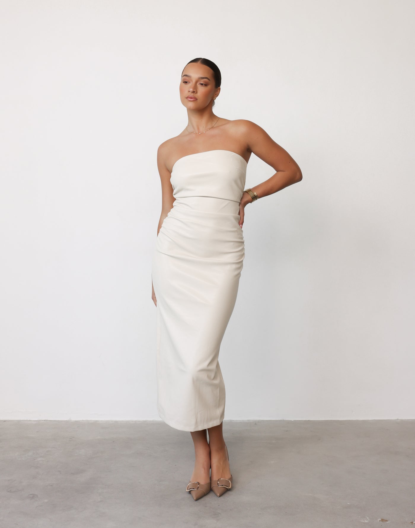 Sasha Maxi Dress (Cream) - Faux Leather Strapless Bodycon Maxi Dress - Women's Dress - Charcoal Clothing