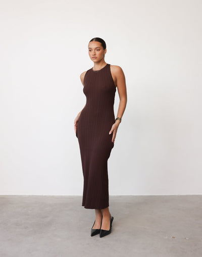 Charm Midi Dress (Cocoa) - Crossed Open Back Ribbed Maxi - Women's Dress - Charcoal Clothing