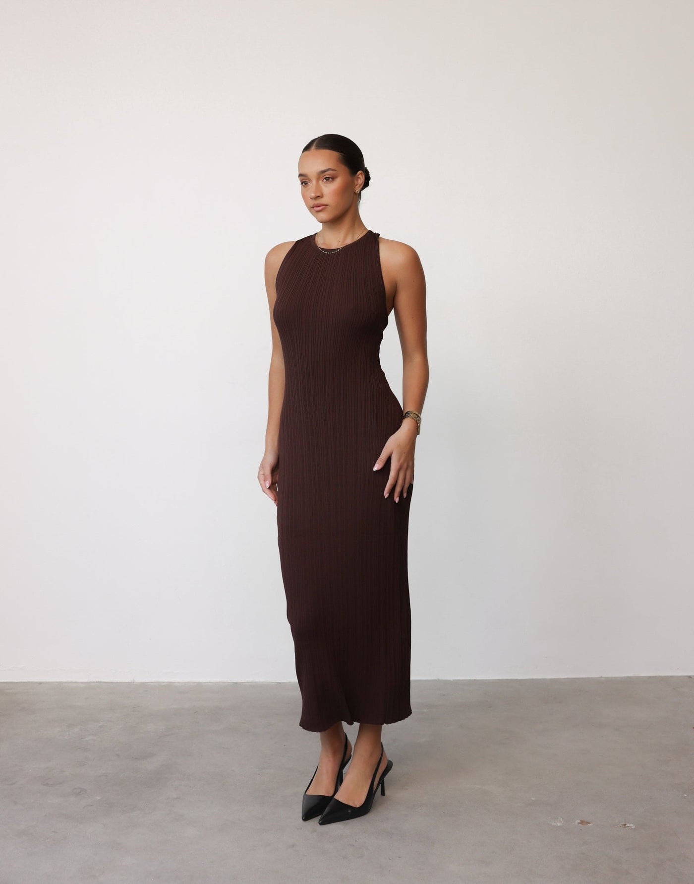 Charm Midi Dress (Cocoa) - Crossed Open Back Ribbed Maxi - Women's Dress - Charcoal Clothing