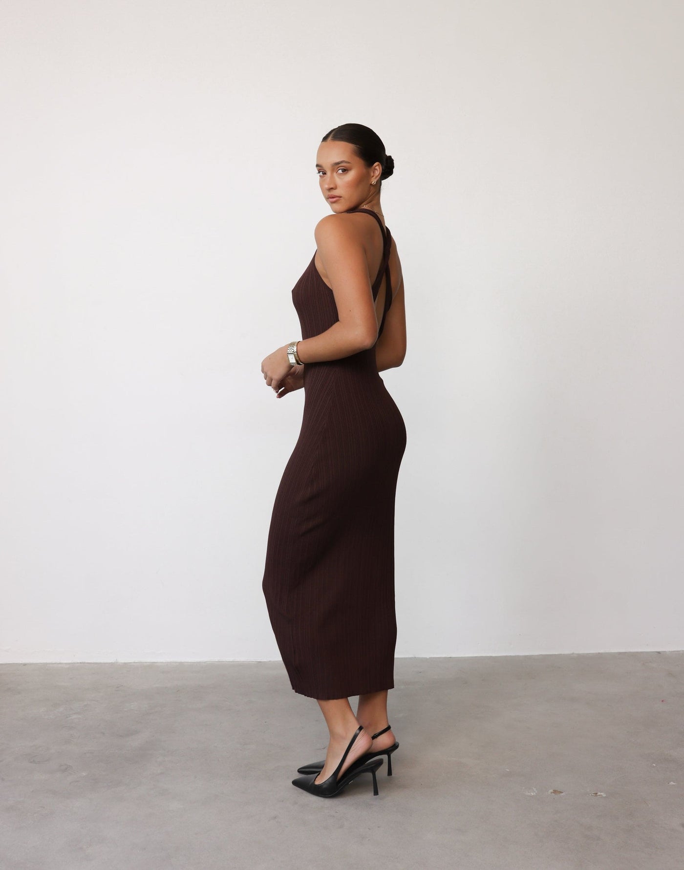 Charm Midi Dress (Cocoa) - Crossed Open Back Ribbed Maxi - Women's Dress - Charcoal Clothing