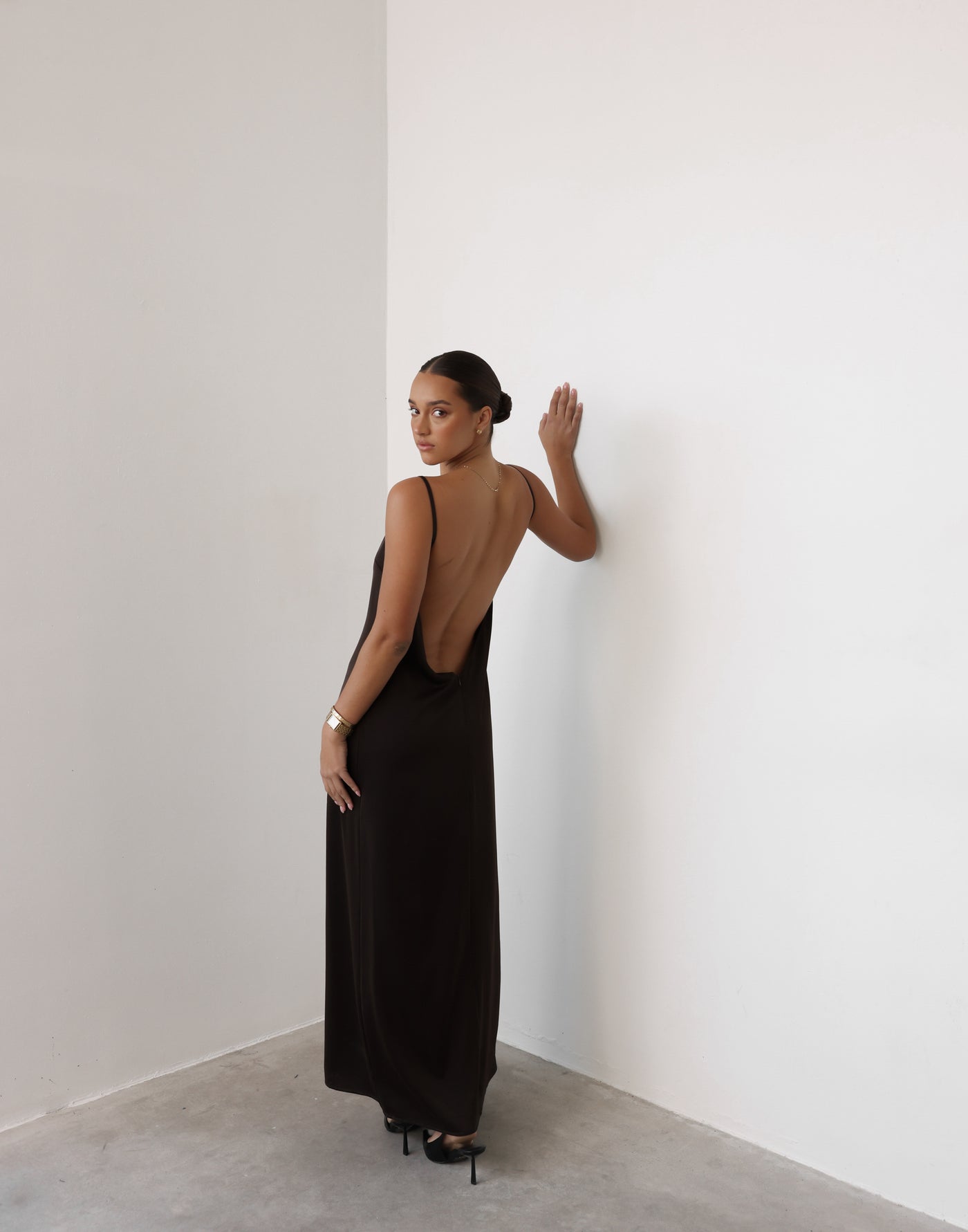 Ophelia Maxi Dress (Chocolate) | CHARCOAL Exclusive - Low Back Relaxed Fit Satin Maxi - Women's Dress - Charcoal Clothing