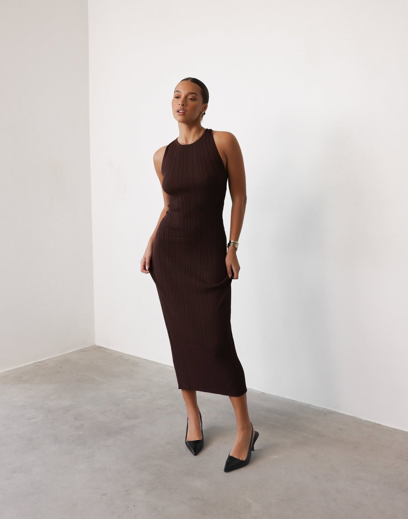 Charm Midi Dress (Cocoa) - Crossed Open Back Ribbed Maxi - Women's Dress - Charcoal Clothing