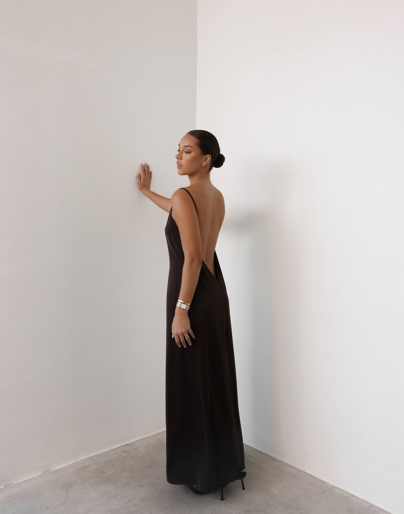 Ophelia Maxi Dress (Chocolate) | CHARCOAL Exclusive - Low Back Relaxed Fit Satin Maxi - Women's Dress - Charcoal Clothing