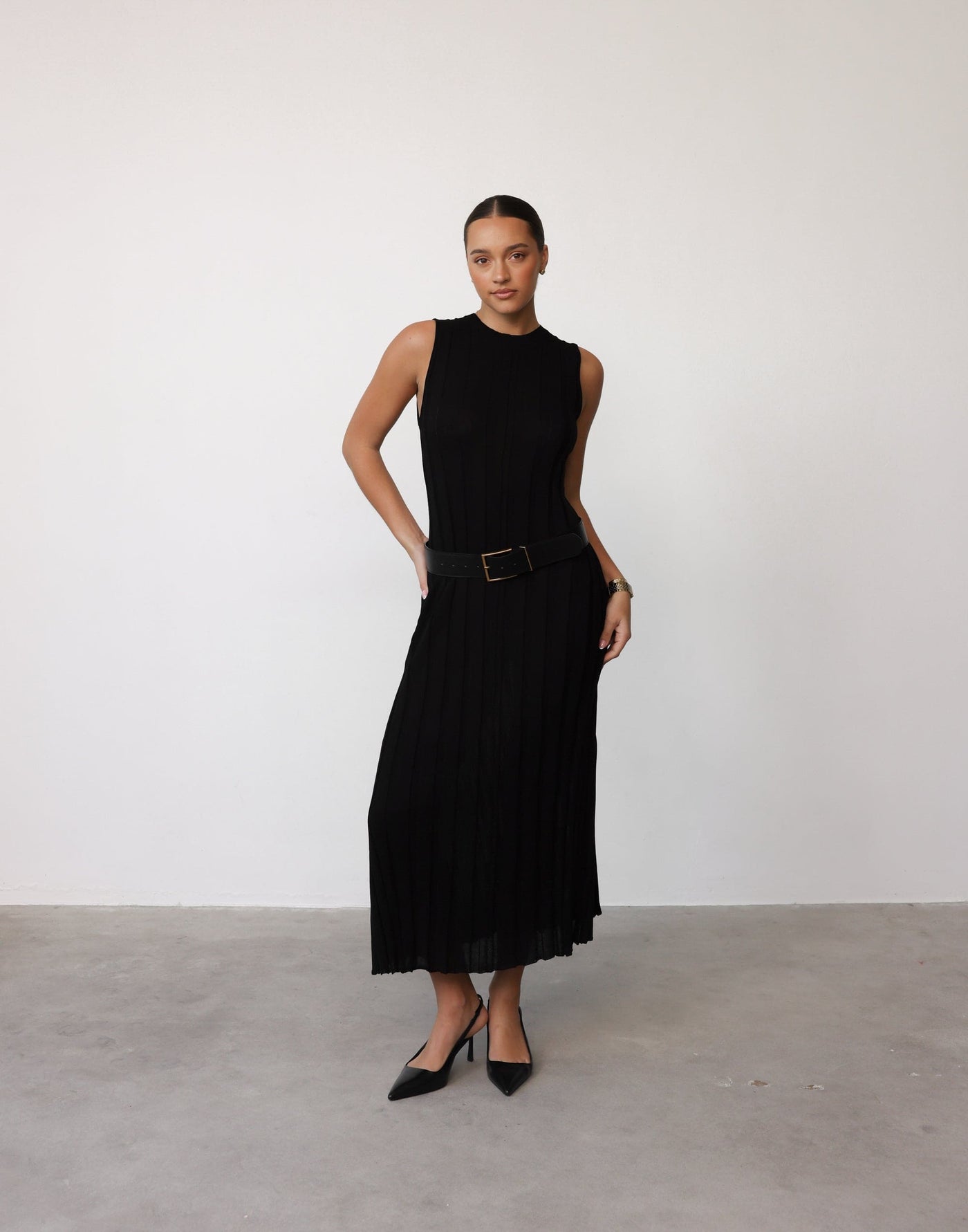 Jemima Maxi Dress (Black) - Ribbed High Round Neckline Maxi Dress ...