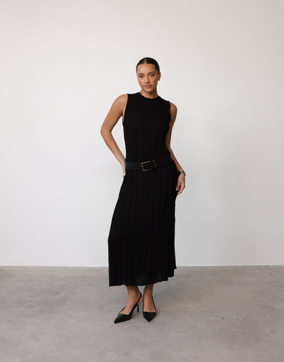 Jemima Maxi Dress (Black) - Ribbed High Round Neckline Maxi Dress - Women's Dress - Charcoal Clothing