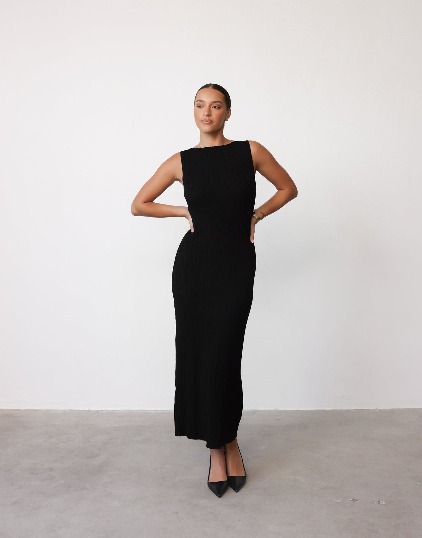 Kienna Maxi Dress (Black) - Boat Neck Ribbed Bodycon Maxi Dress - Women's Dress - Charcoal Clothing