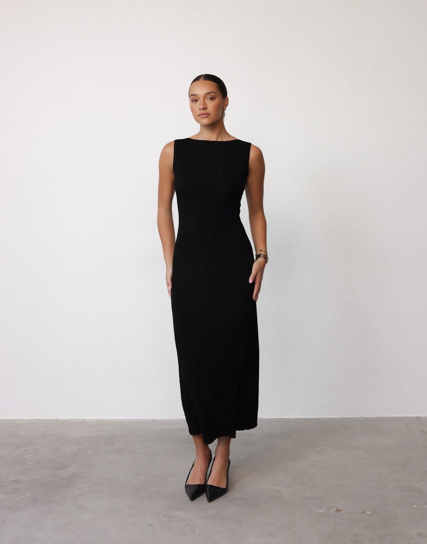 Kienna Maxi Dress (Black) - Boat Neck Ribbed Bodycon Maxi Dress - Women's Dress - Charcoal Clothing