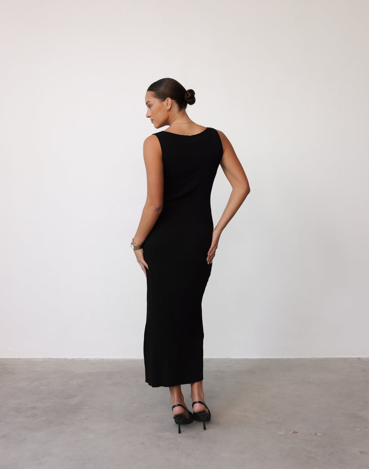 Kienna Maxi Dress (Black) - Boat Neck Ribbed Bodycon Maxi Dress - Women's Dress - Charcoal Clothing