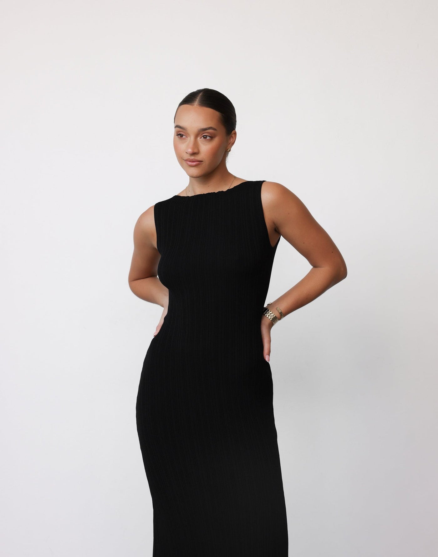 Kienna Maxi Dress (Black) - Boat Neck Ribbed Bodycon Maxi Dress - Women's Dress - Charcoal Clothing