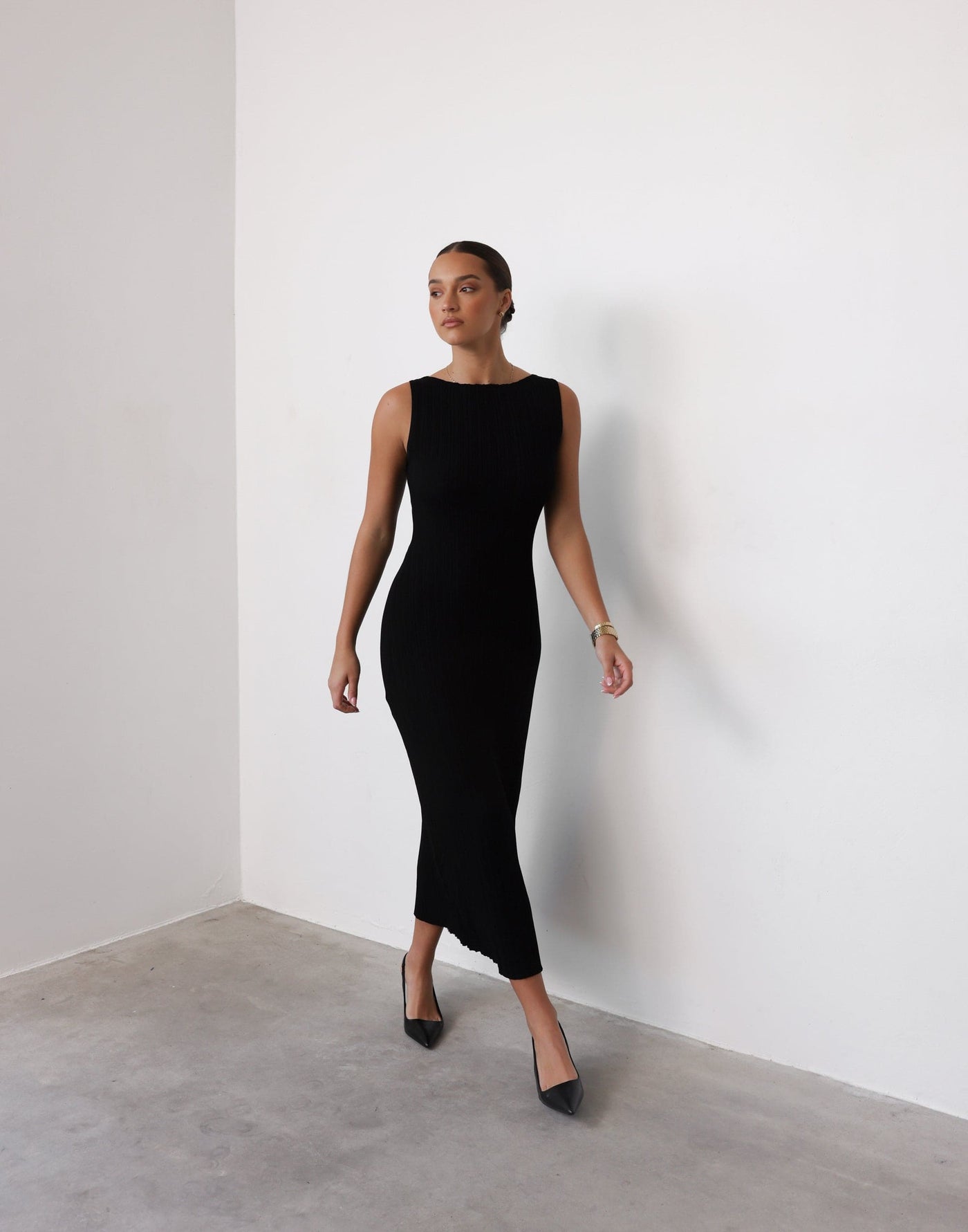 Kienna Maxi Dress (Black) - Boat Neck Ribbed Bodycon Maxi Dress - Women's Dress - Charcoal Clothing