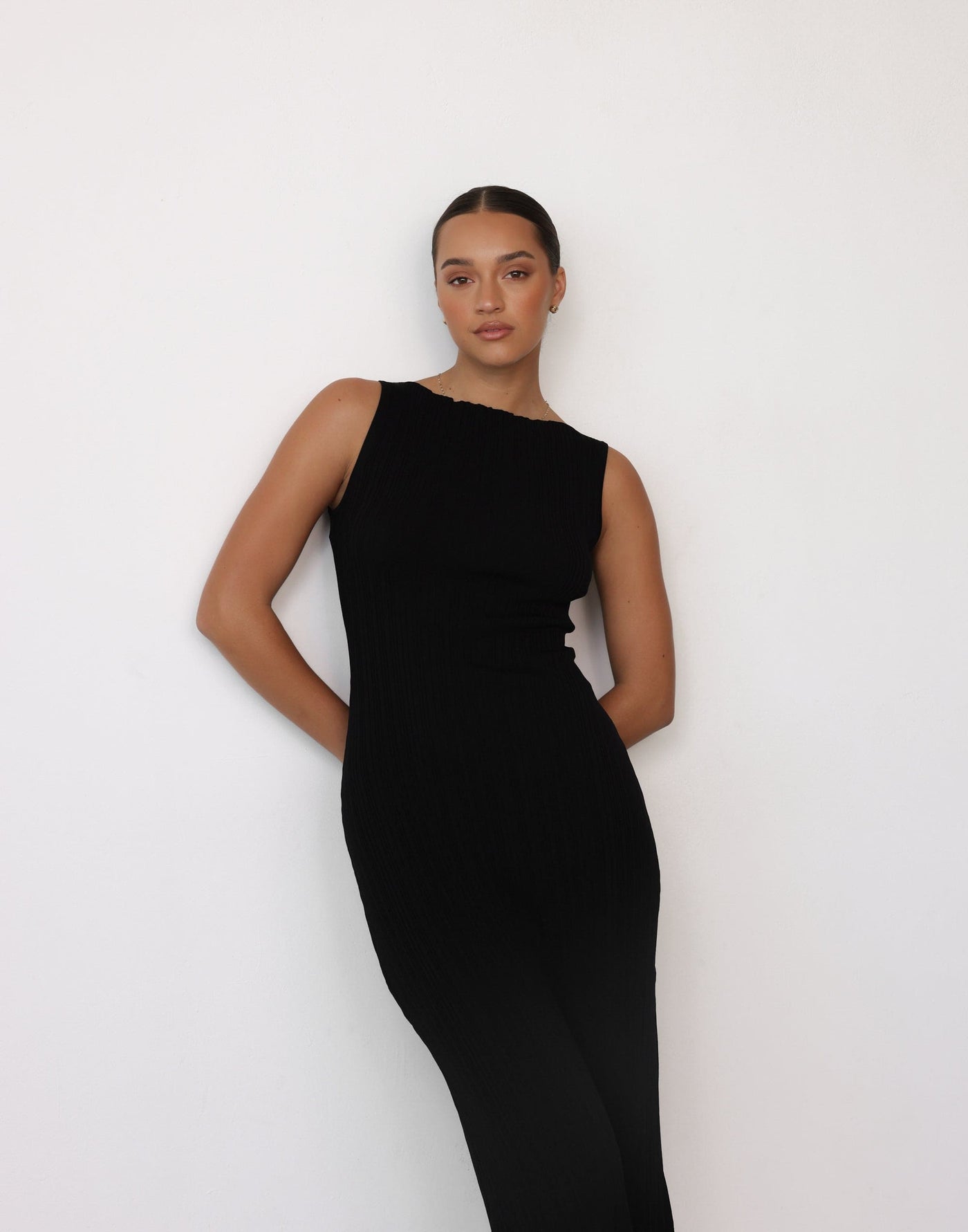 Kienna Maxi Dress (Black) - Boat Neck Ribbed Bodycon Maxi Dress - Women's Dress - Charcoal Clothing