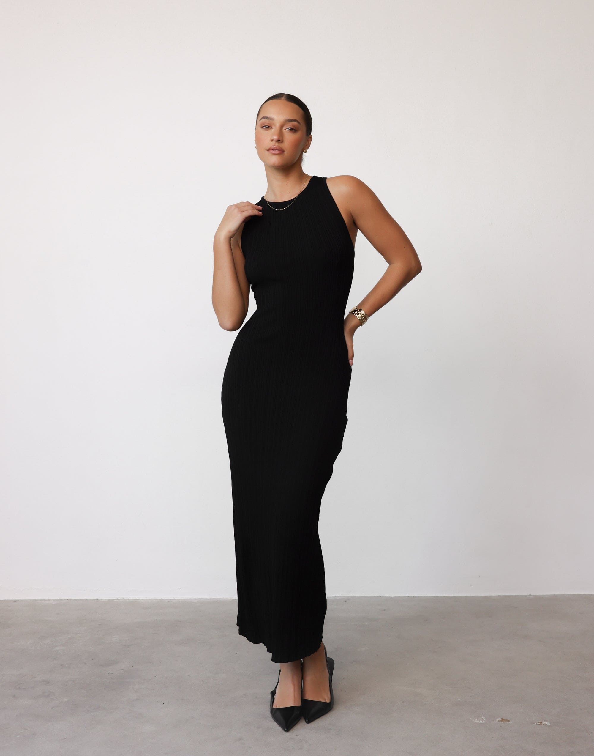 Charm Midi Dress (Black) - Crossed Open Back Ribbed Maxi – CHARCOAL