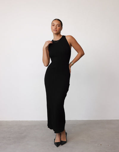 Charm Midi Dress (Black) - Crossed Open Back Ribbed Maxi - Women's Dress - Charcoal Clothing