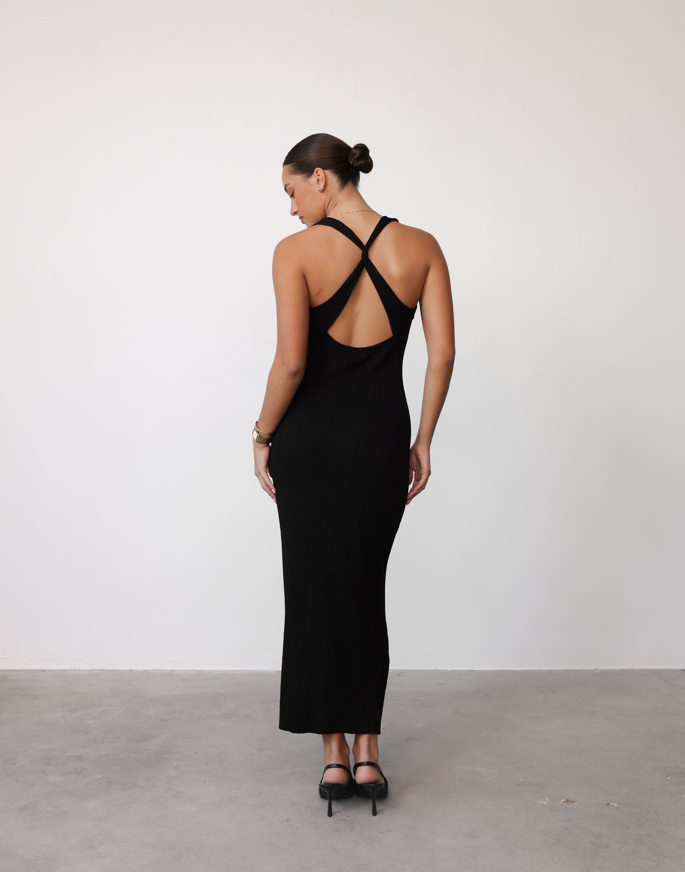 Charm Midi Dress (Black) - Crossed Open Back Ribbed Maxi - Women's Dress - Charcoal Clothing